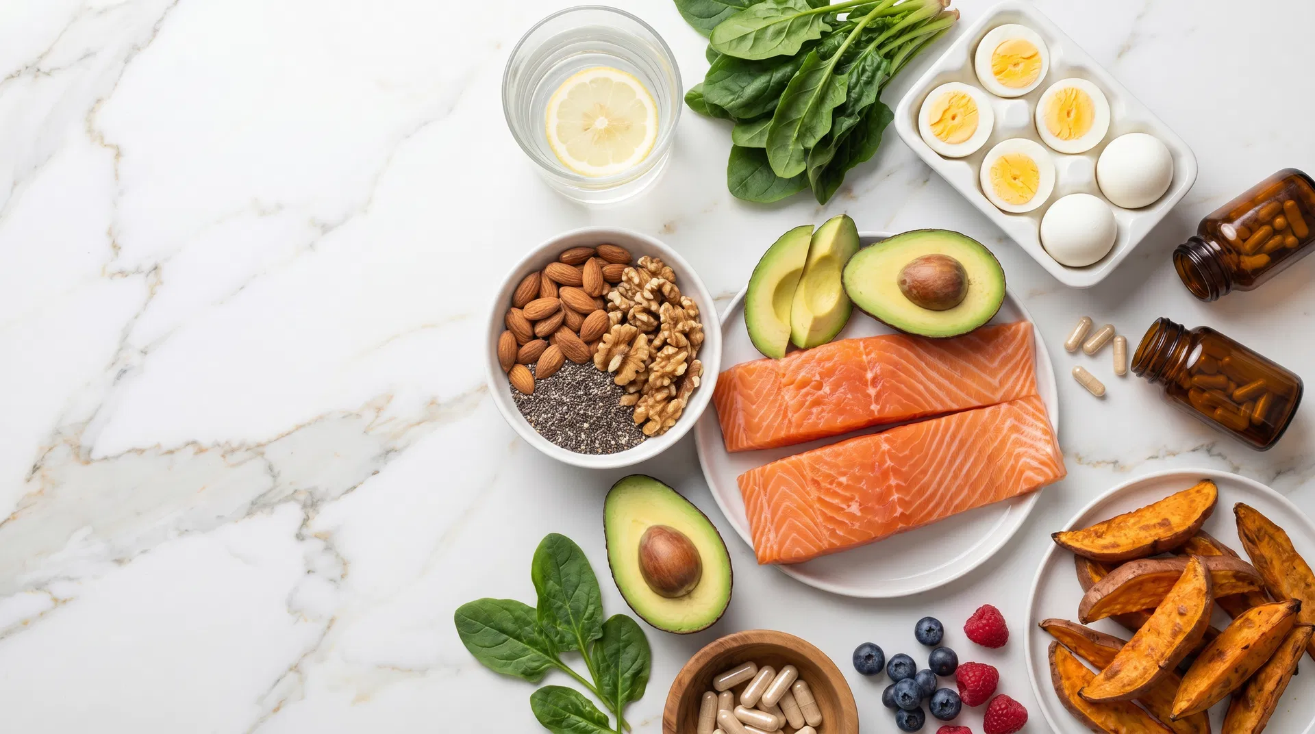 Overhead flat-lay of hair-healthy foods including salmon, avocados, nuts, and spinach