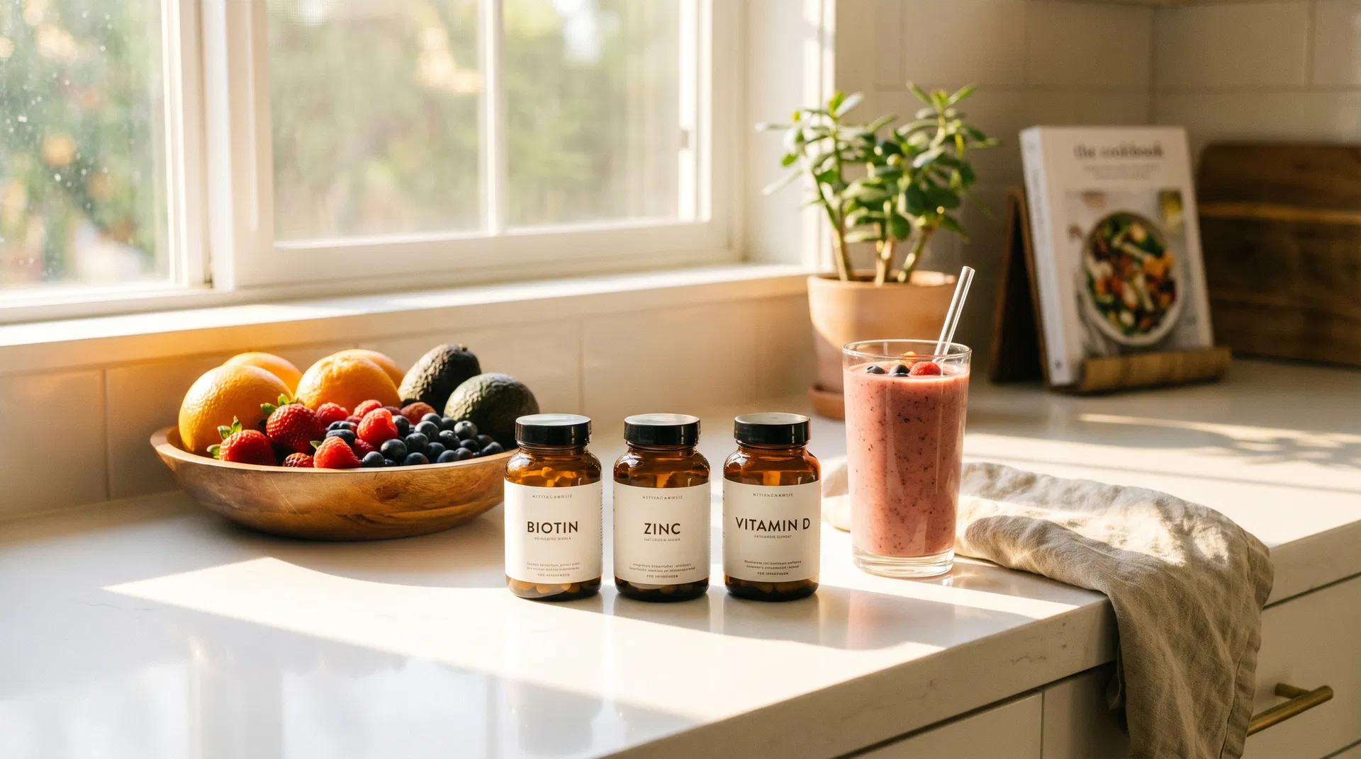 Biotin, zinc, and vitamin D supplements alongside fresh fruits on kitchen counter
