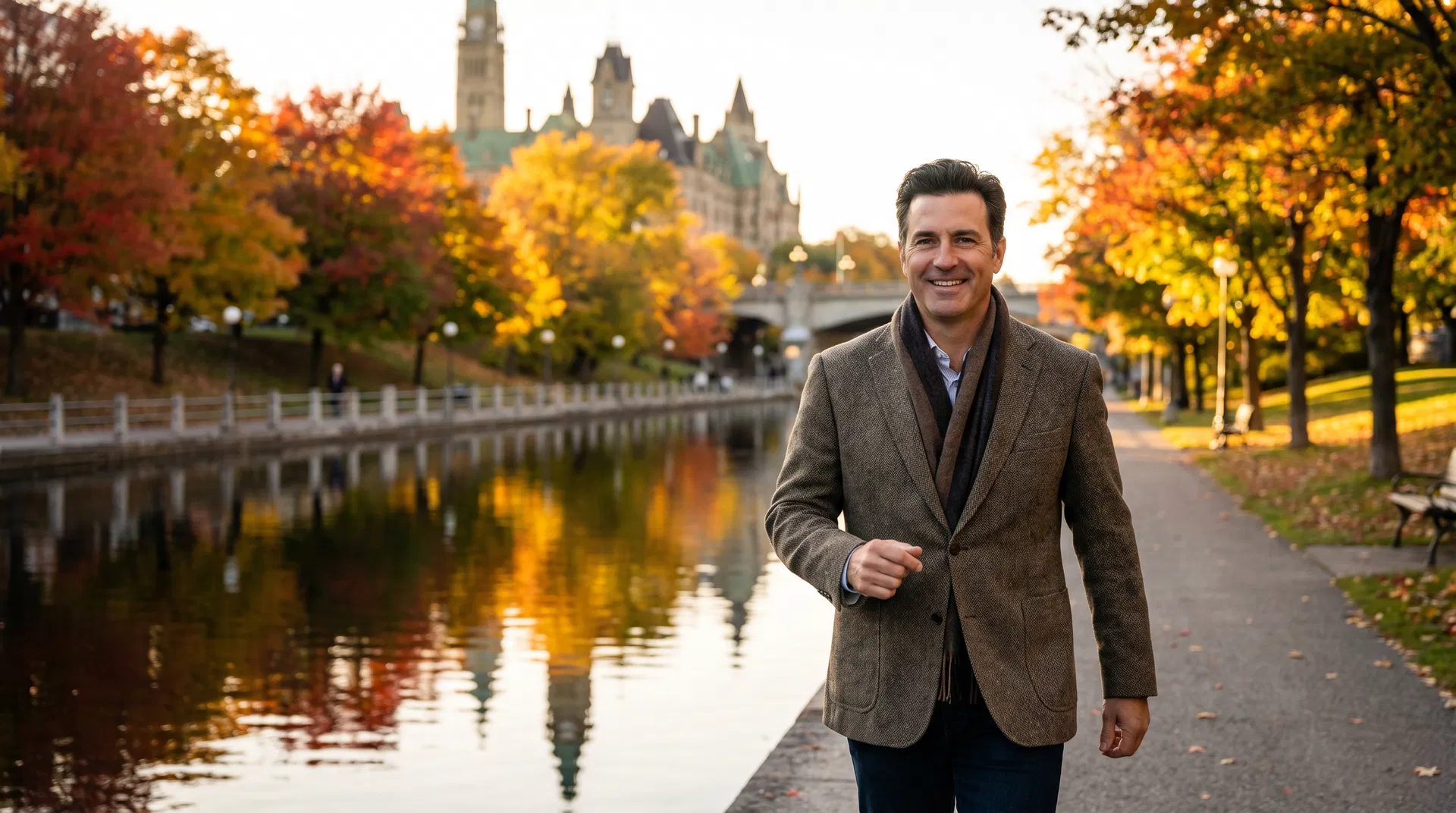 Confident man walking along Rideau Canal in Ottawa during autumn