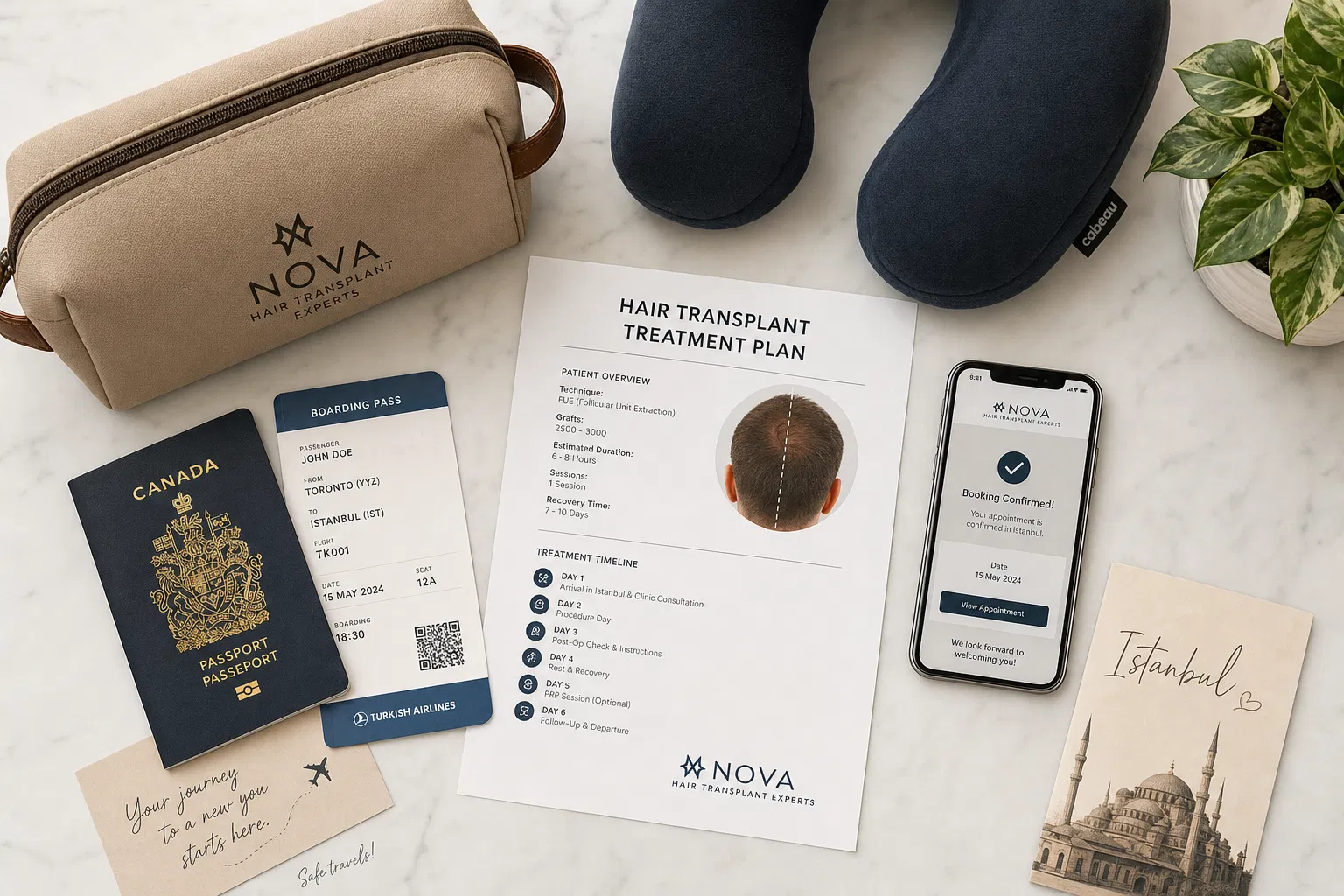 Hair transplant travel package essentials flat lay with passport and treatment plan