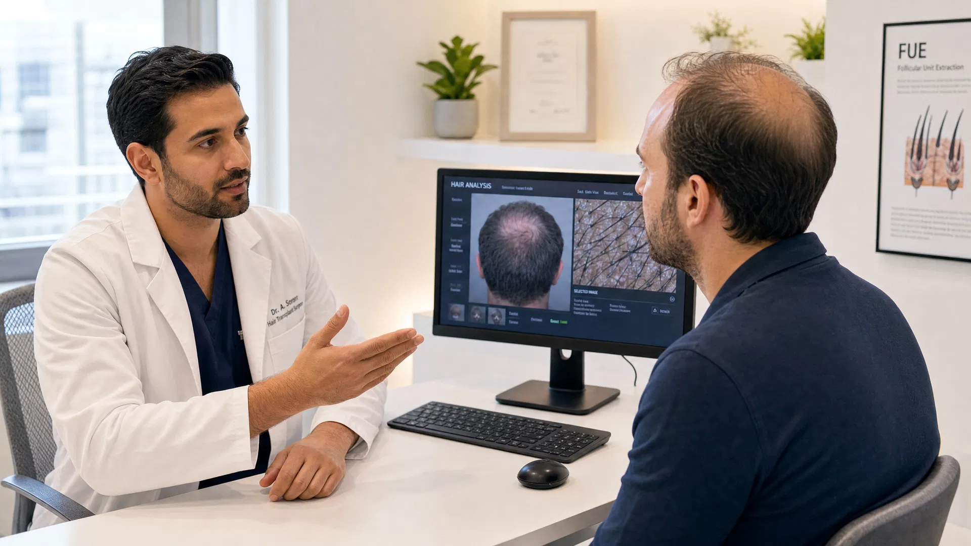Doctor consulting with a patient about hair transplant treatment plan