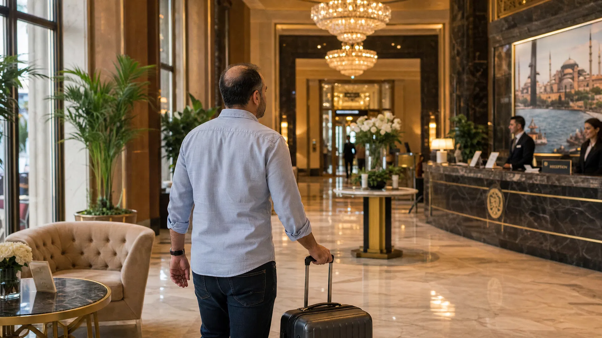 Luxury hotel lobby in Istanbul with VIP transfer service