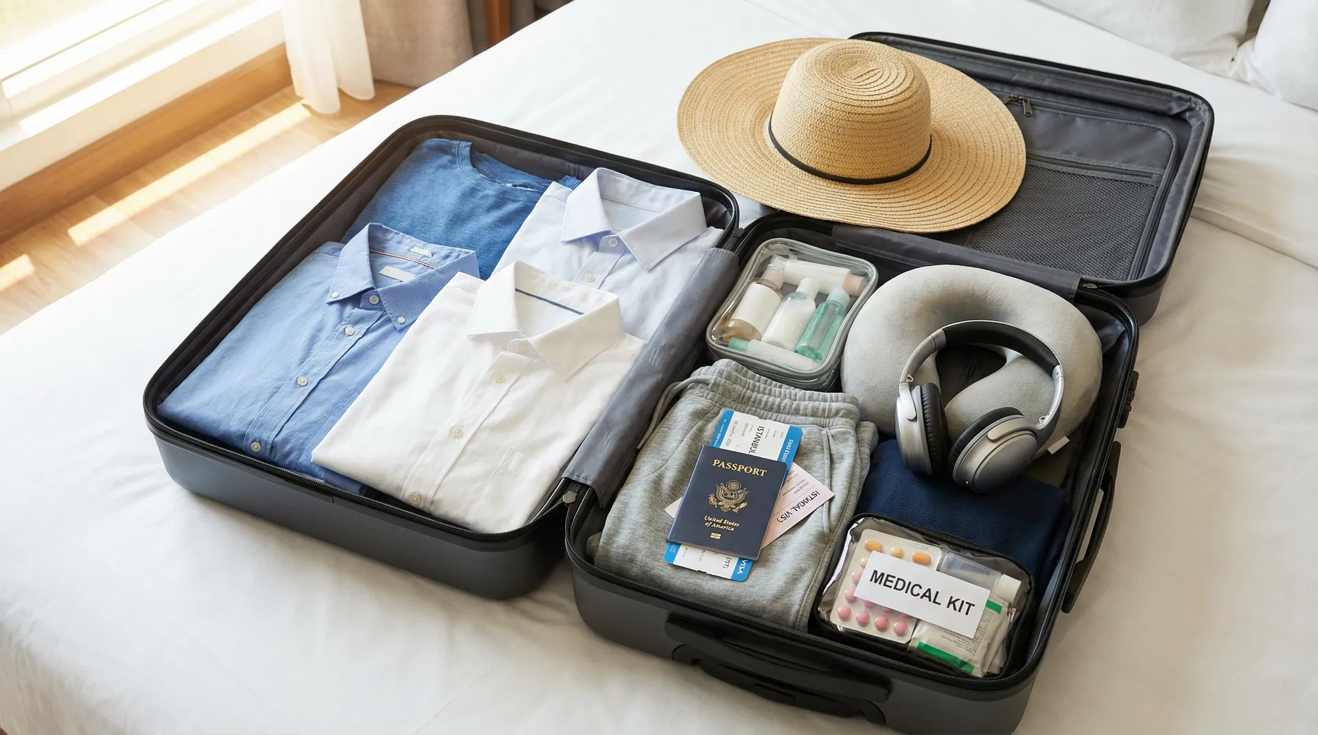 Packed suitcase ready for hair transplant trip to Turkey