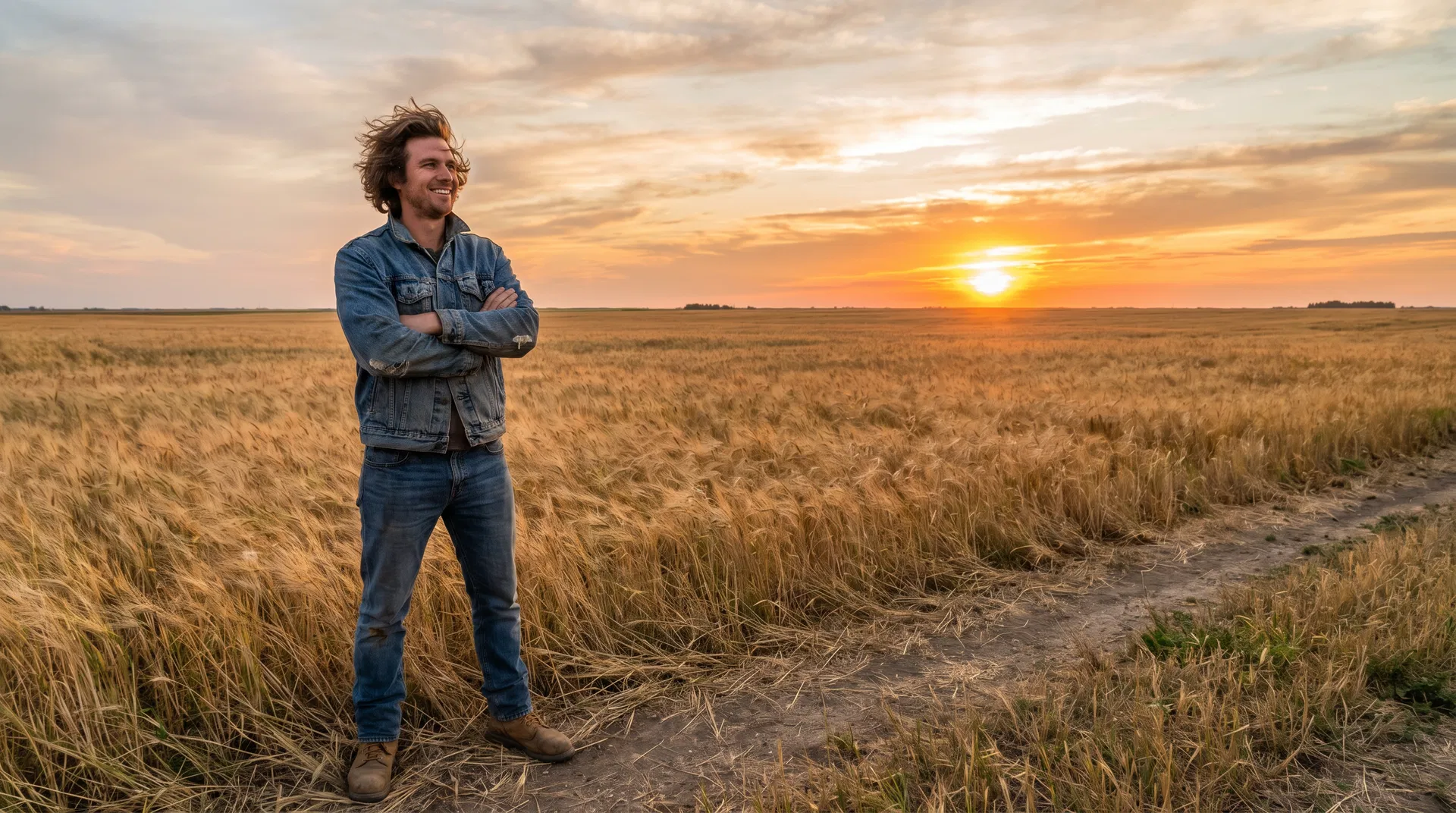 Man standing confidently in golden prairie wheat field at sunset