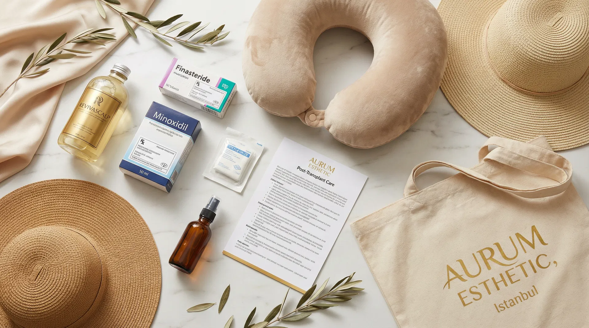Complete hair transplant aftercare kit from a premium Turkish clinic including medications shampoo neck pillow and care instructions