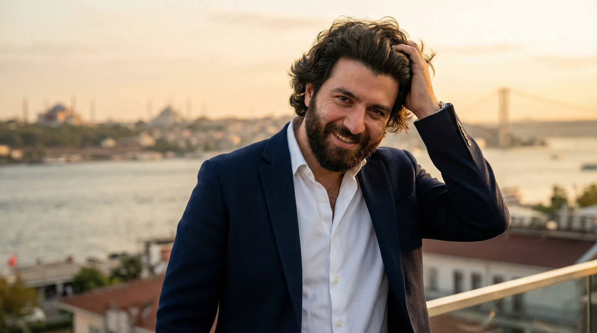 Confident man with full natural-looking hair after successful hair transplant in Turkey overlooking Istanbul Bosphorus