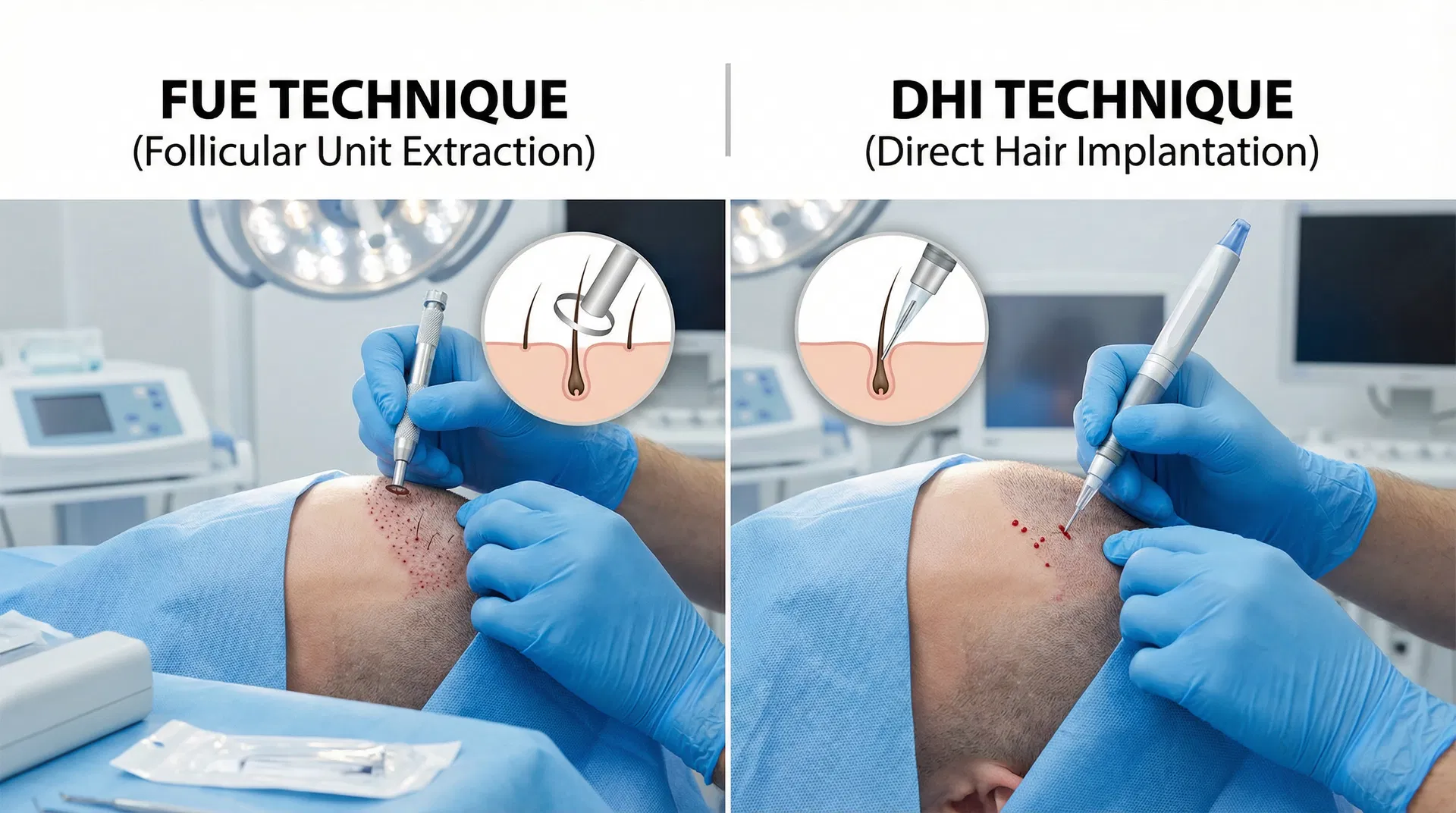 Comparison of FUE and DHI hair transplant techniques showing extraction tool versus Choi implanter pen used in Turkish clinics