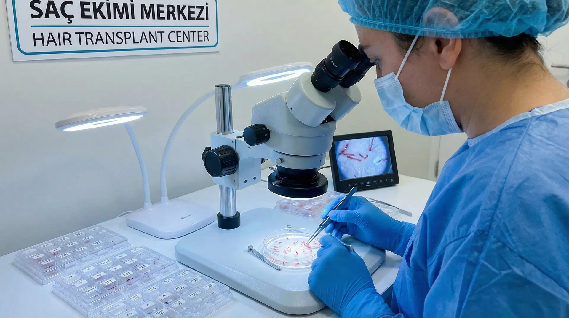 Hair transplant technician sorting and preparing extracted follicle grafts under microscope at Turkish hair transplant center