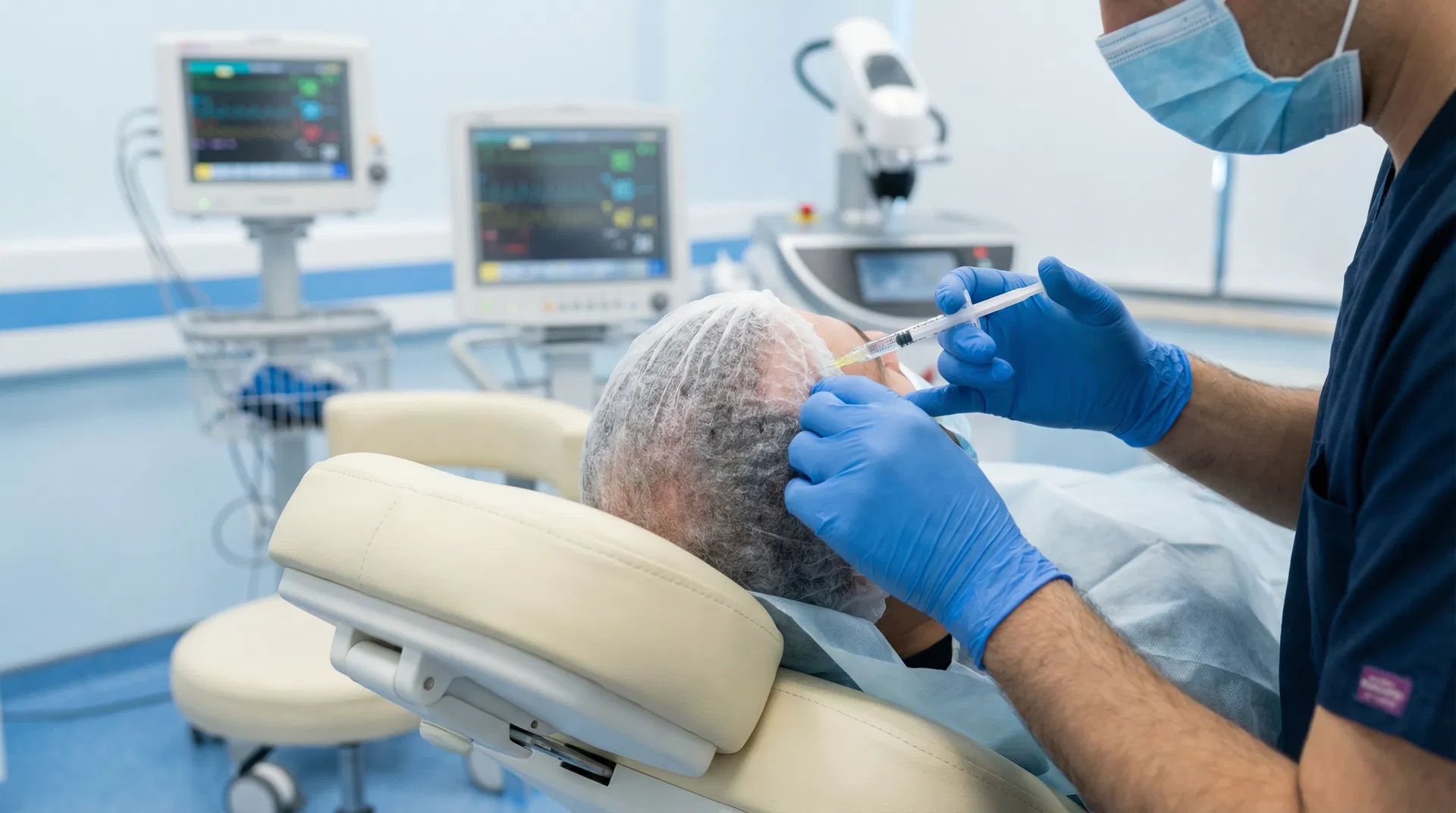 Local anesthesia being applied before a hair transplant procedure at a modern clinic in Istanbul Turkey