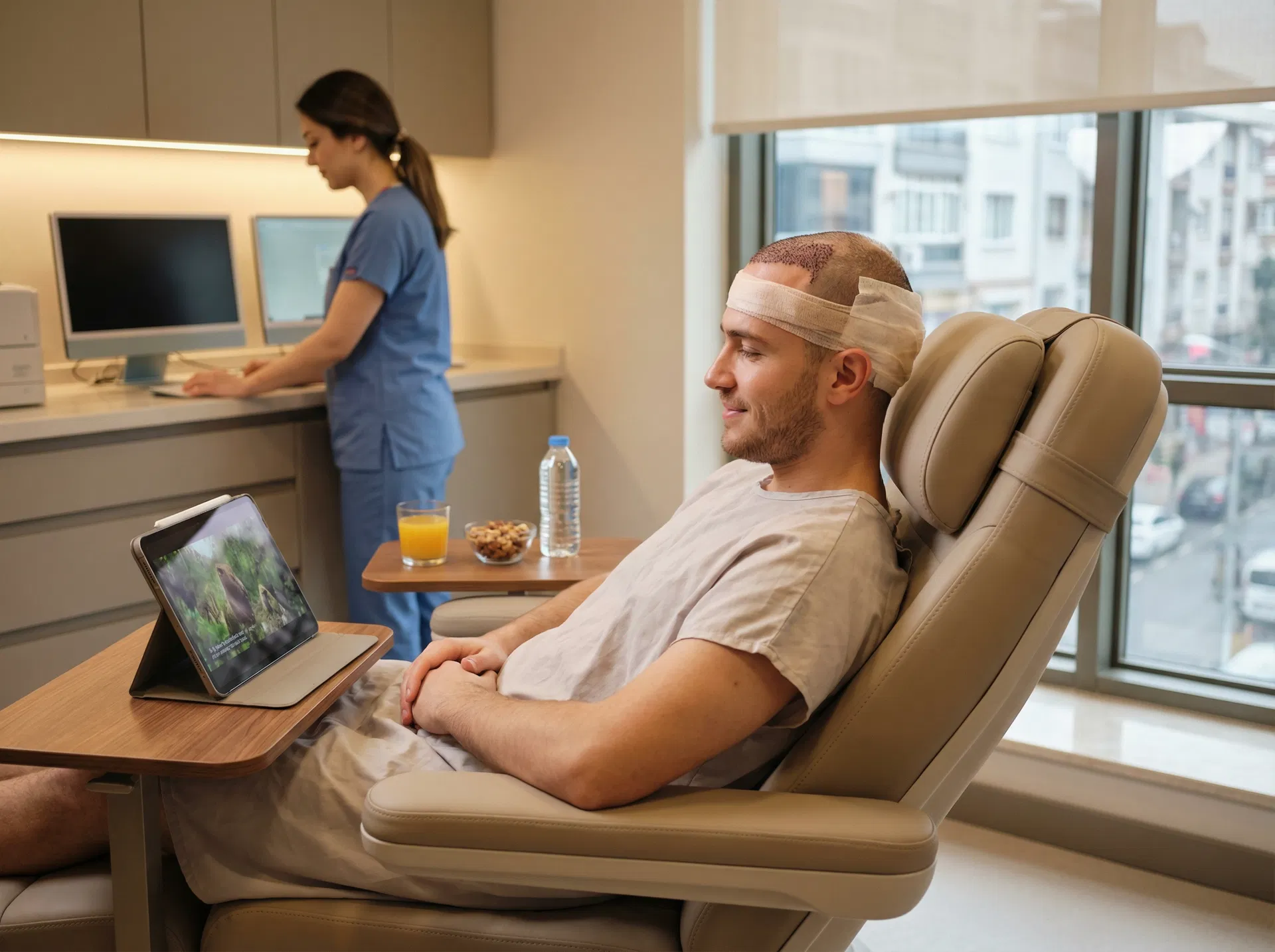 Hair transplant patient relaxing comfortably during implantation phase watching entertainment at Turkish clinic