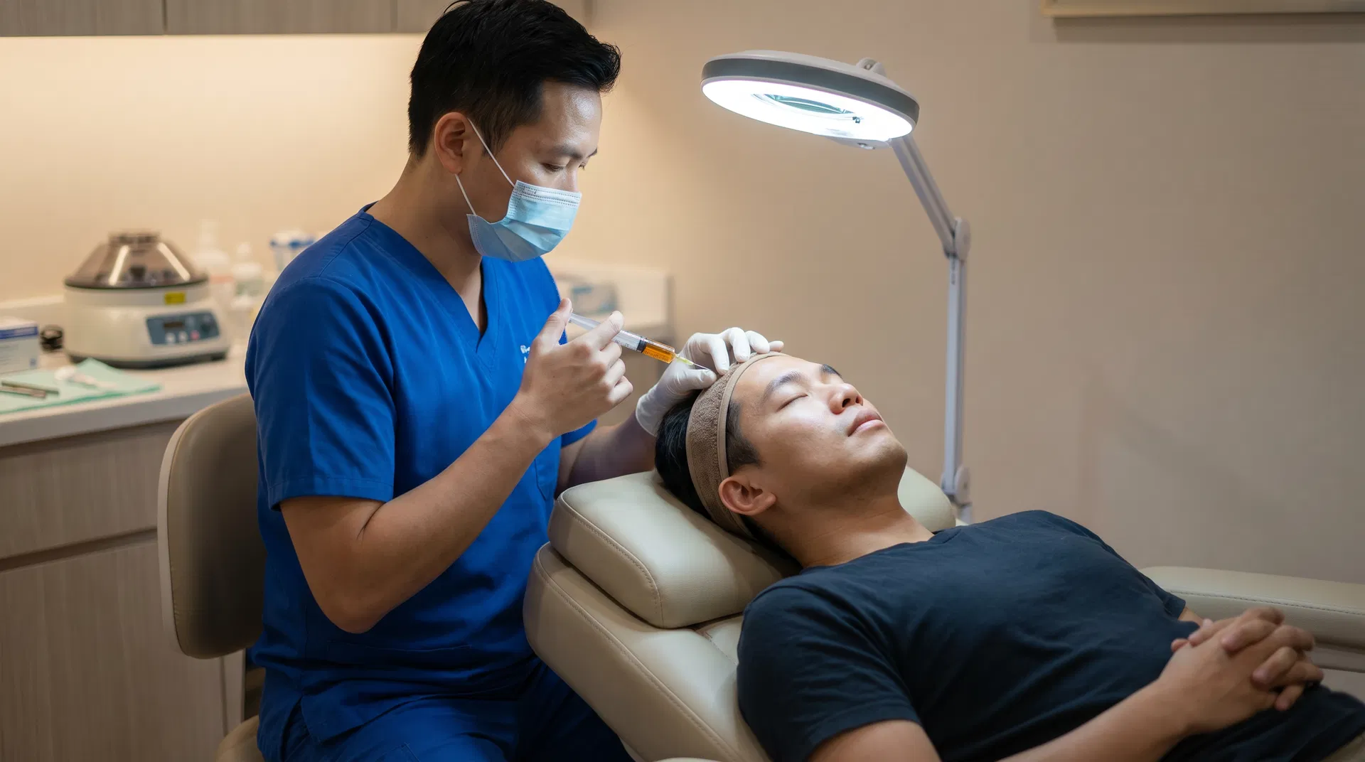 Doctor performing PRP injections into patient scalp with golden PRP solution