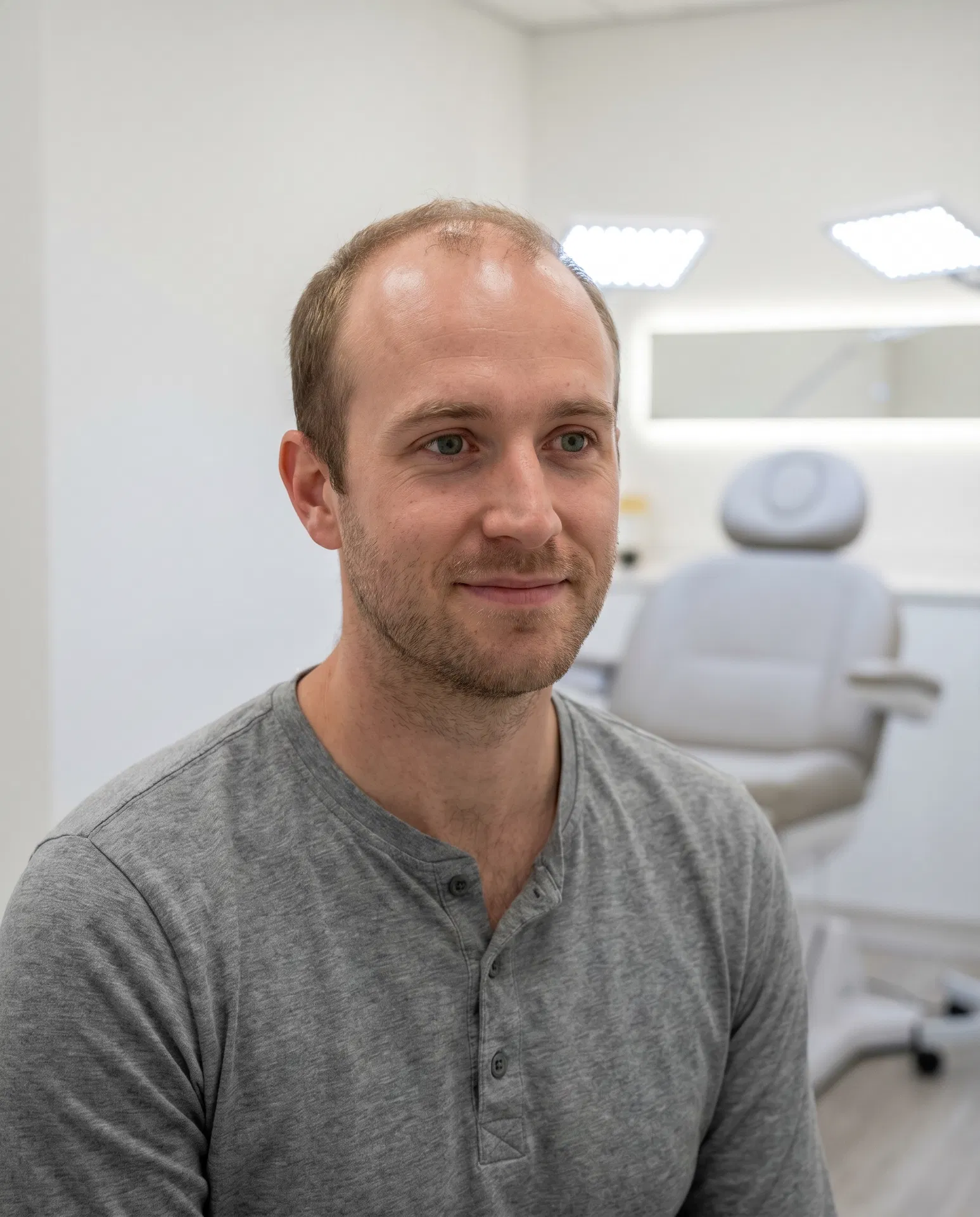 Before hair transplant — at the clinic consultation with visible hair thinning