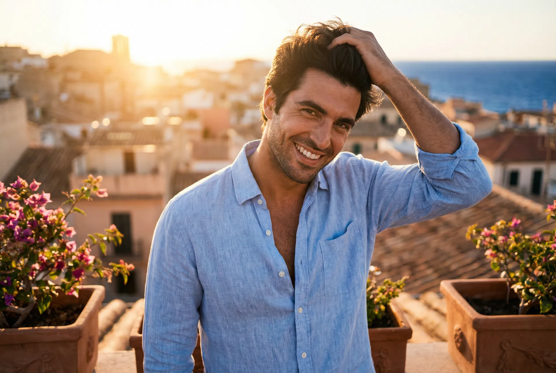 Confident man with thick full hair running his hand through it on a sunny rooftop terrace