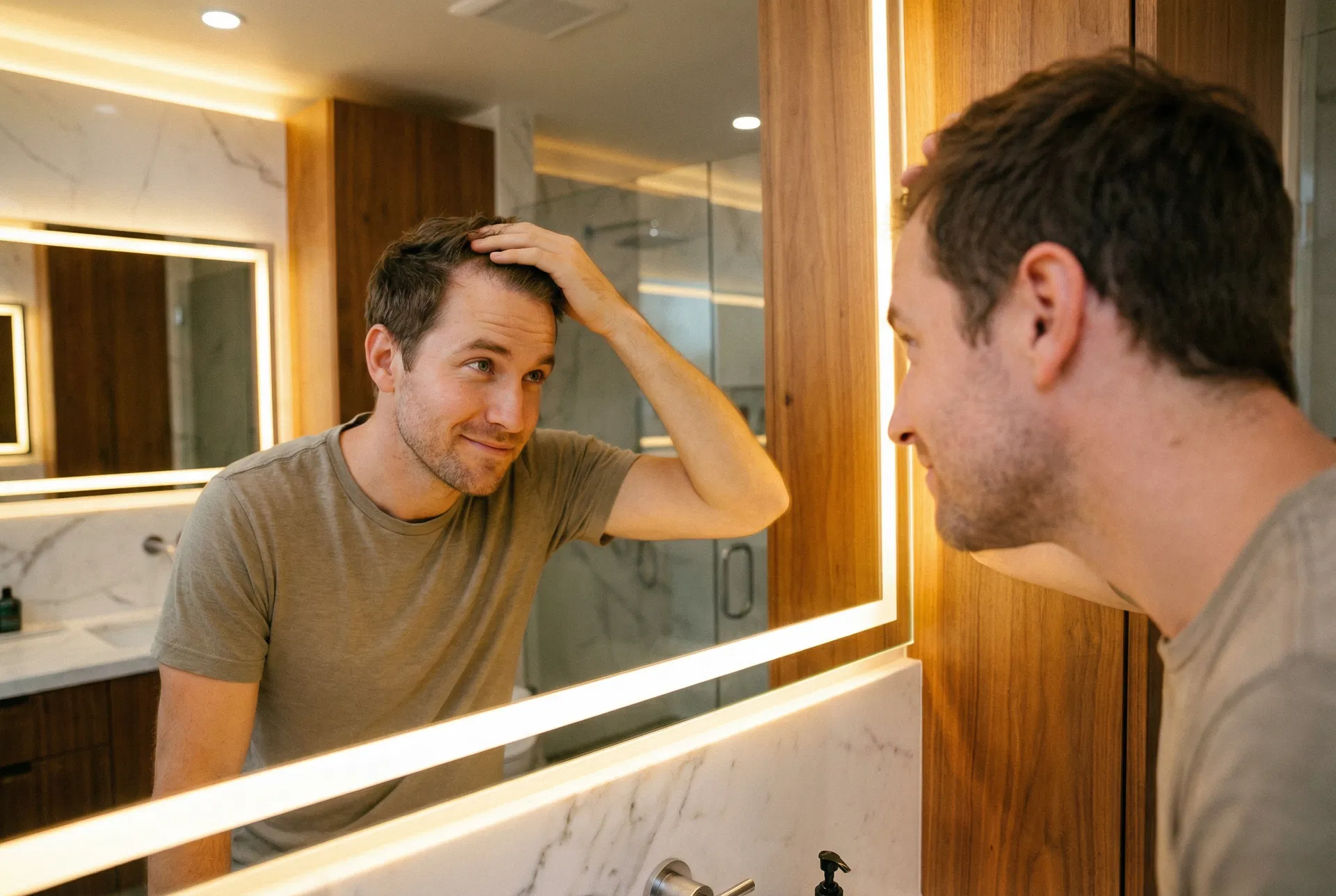 Man checking new hair growth in the mirror with a hopeful smile
