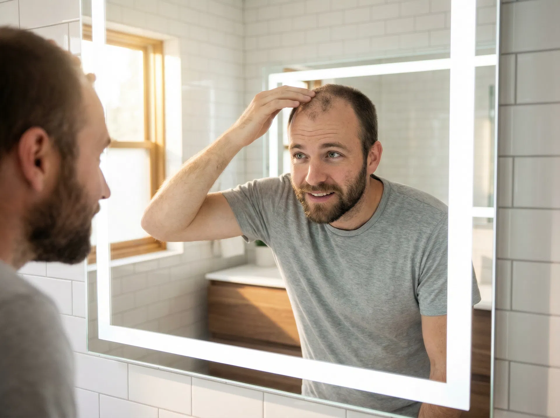 Man examining new hair growth in bathroom mirror during recovery