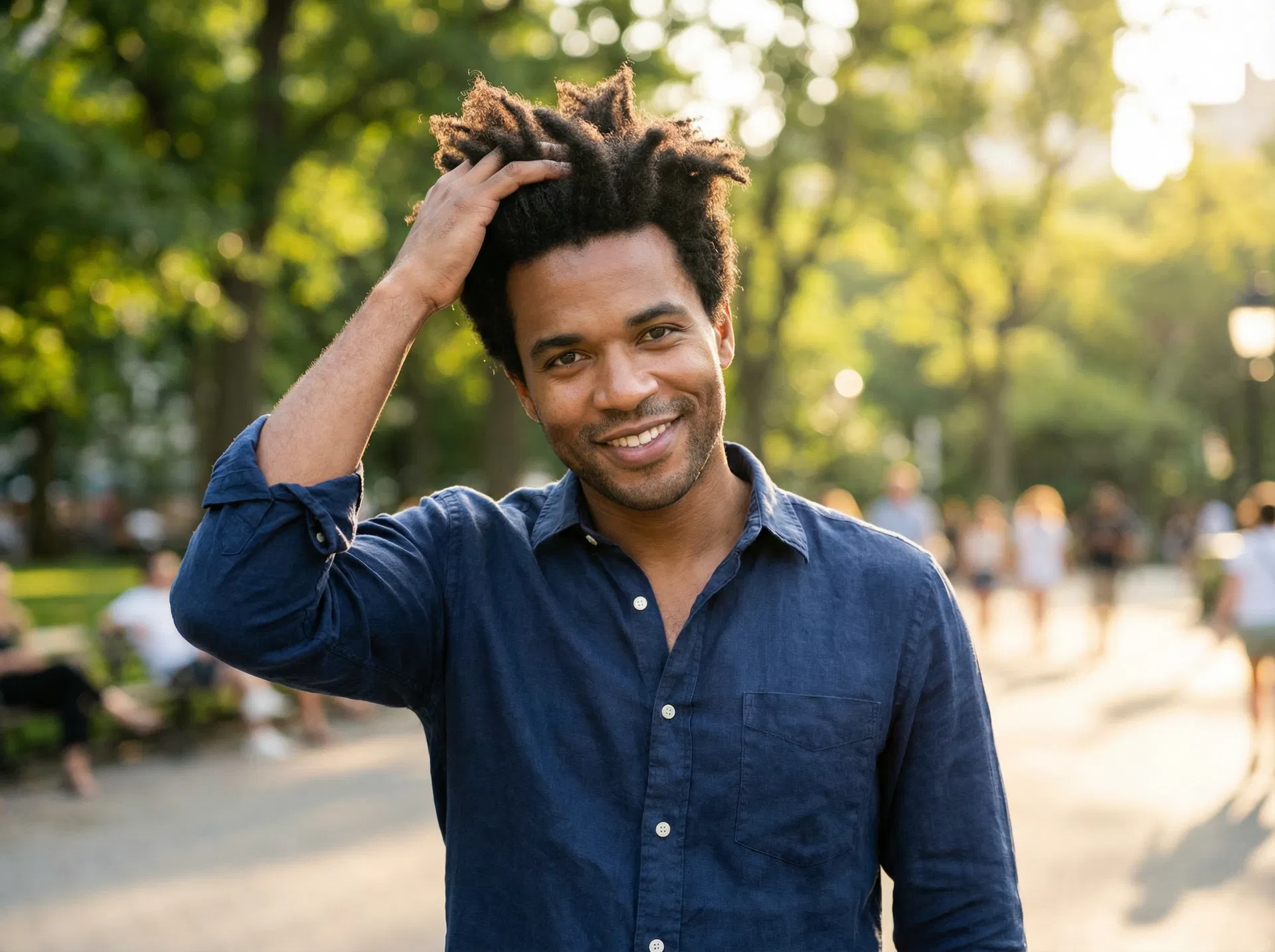 Confident man with thick natural-looking hair running fingers through his hair outdoors