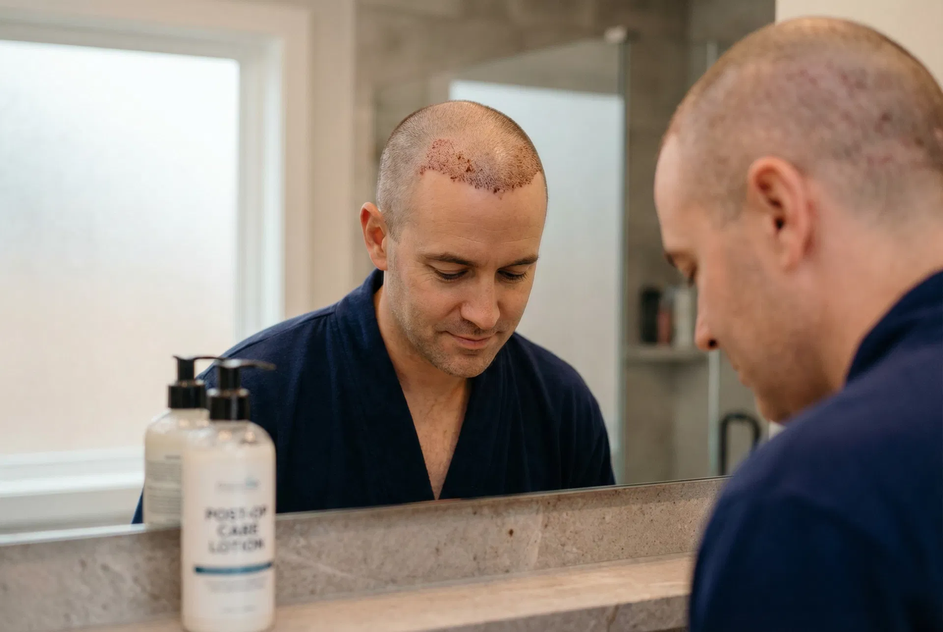 Man examining his scalp during the shock loss phase of hair transplant recovery