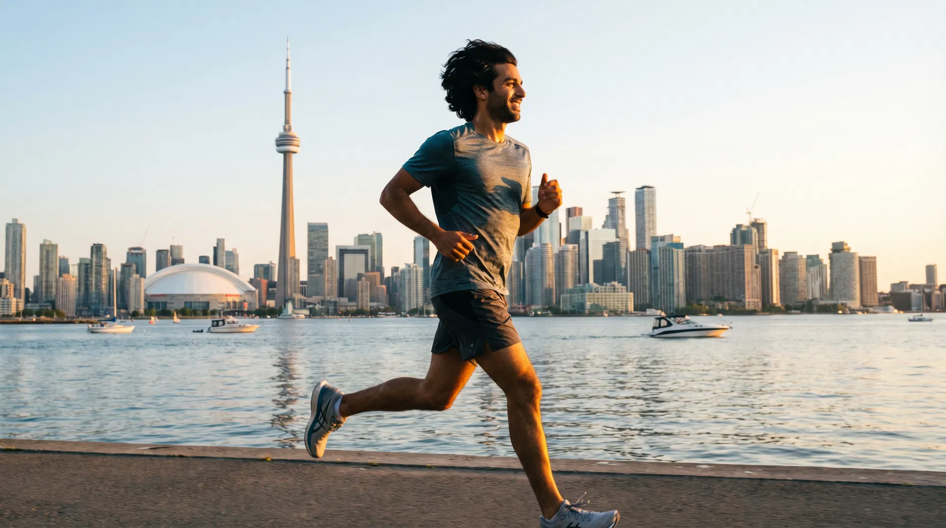 Confident man with full hair jogging along Toronto waterfront at sunrise