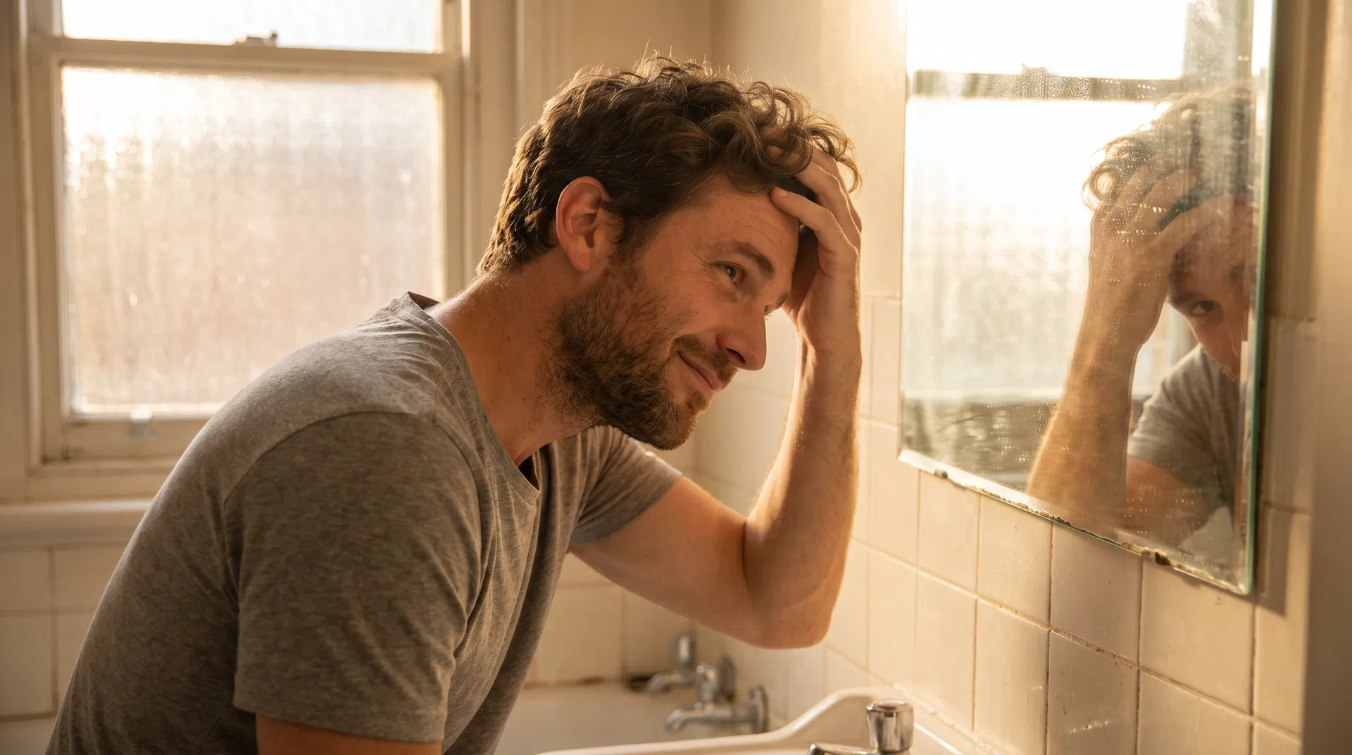 Man looking at restored hair in mirror 6 months after transplant