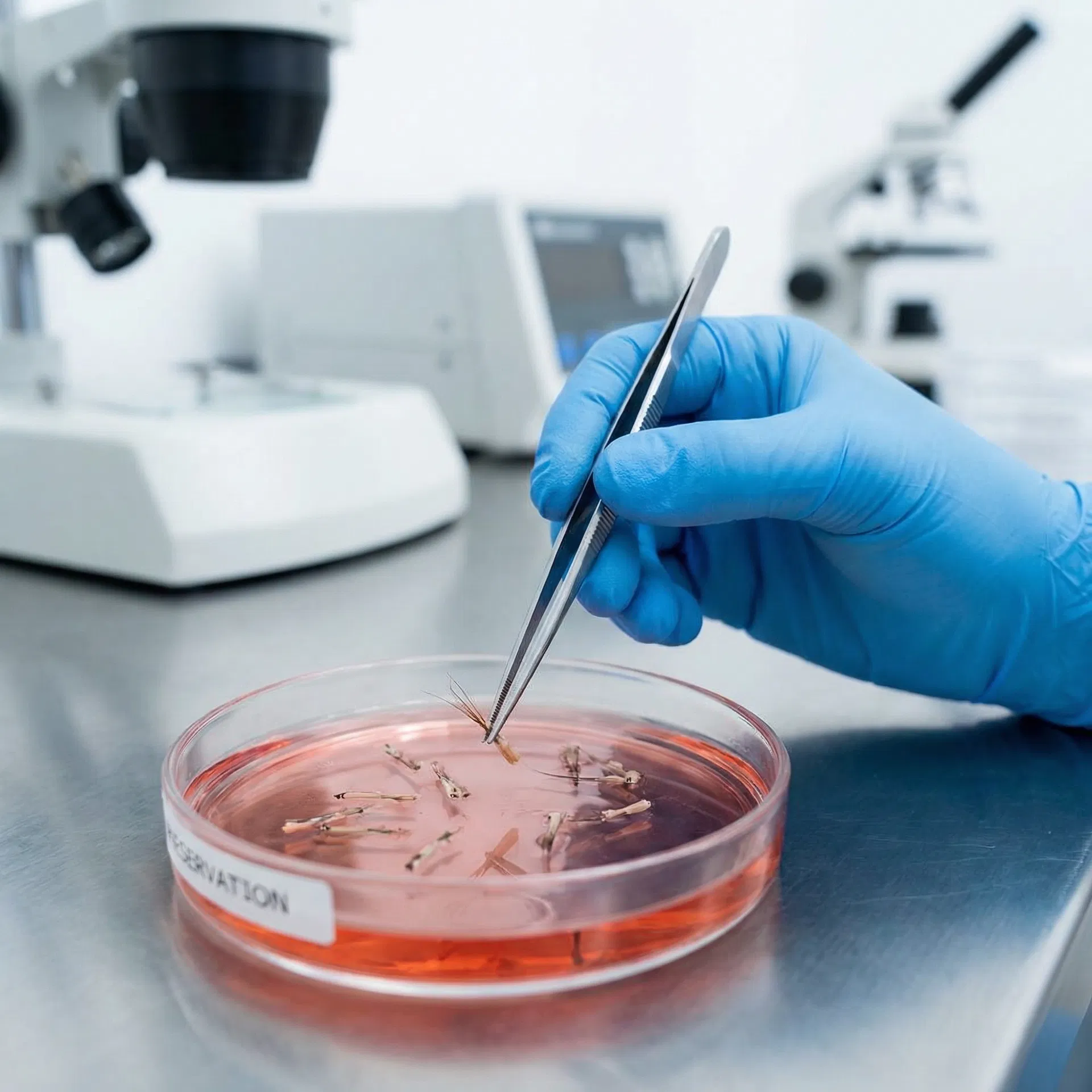Hair grafts being carefully stored in preservation solution