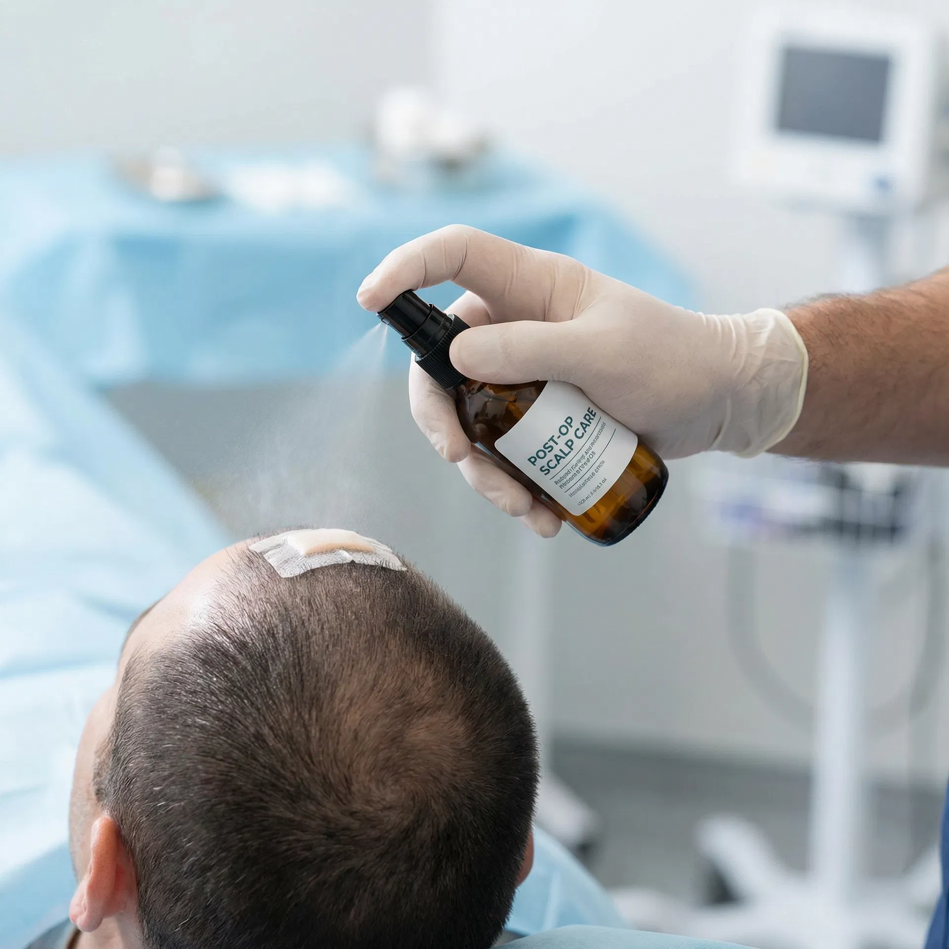 Post-operative scalp care spray being applied to transplant area