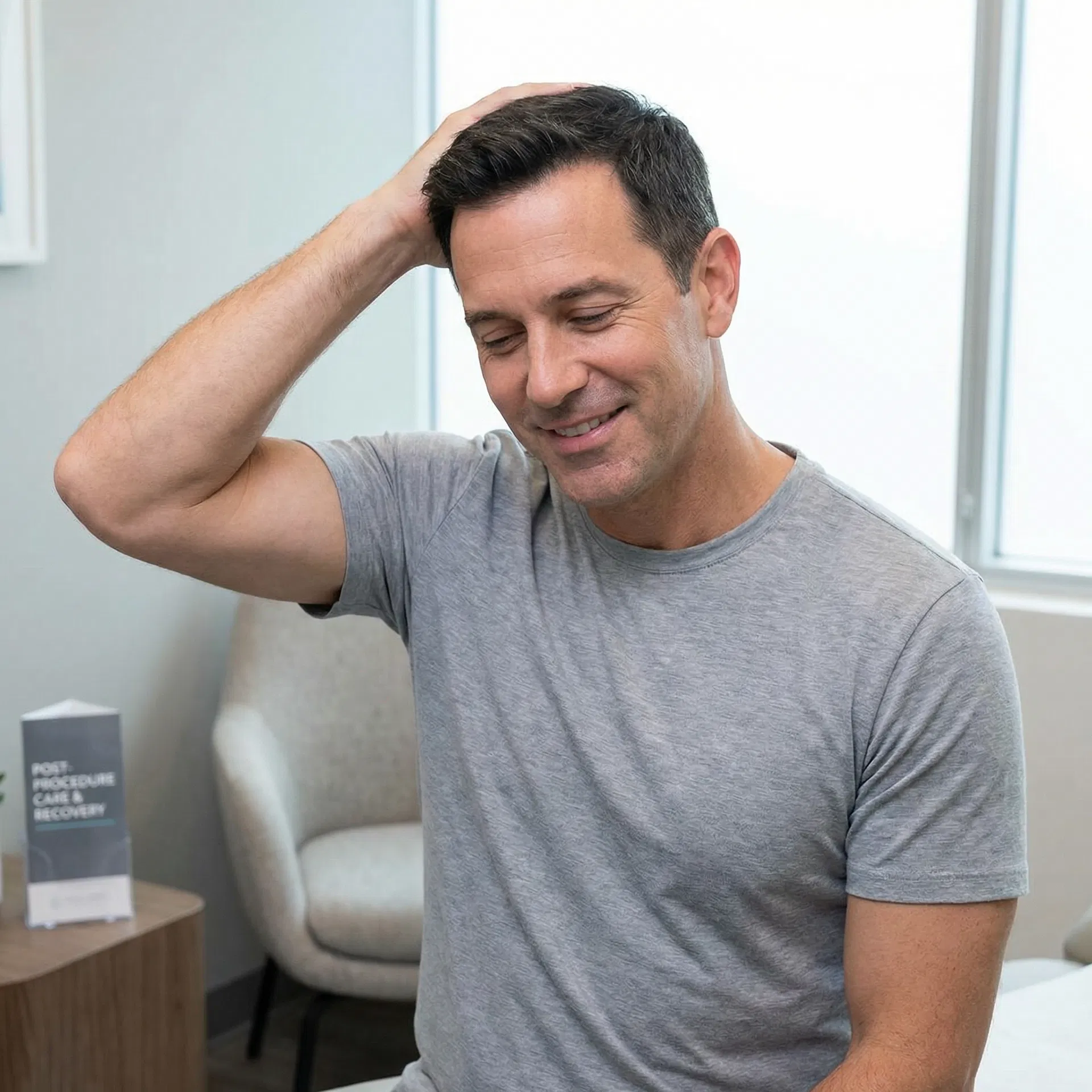 Man touching his head during post-procedure recovery