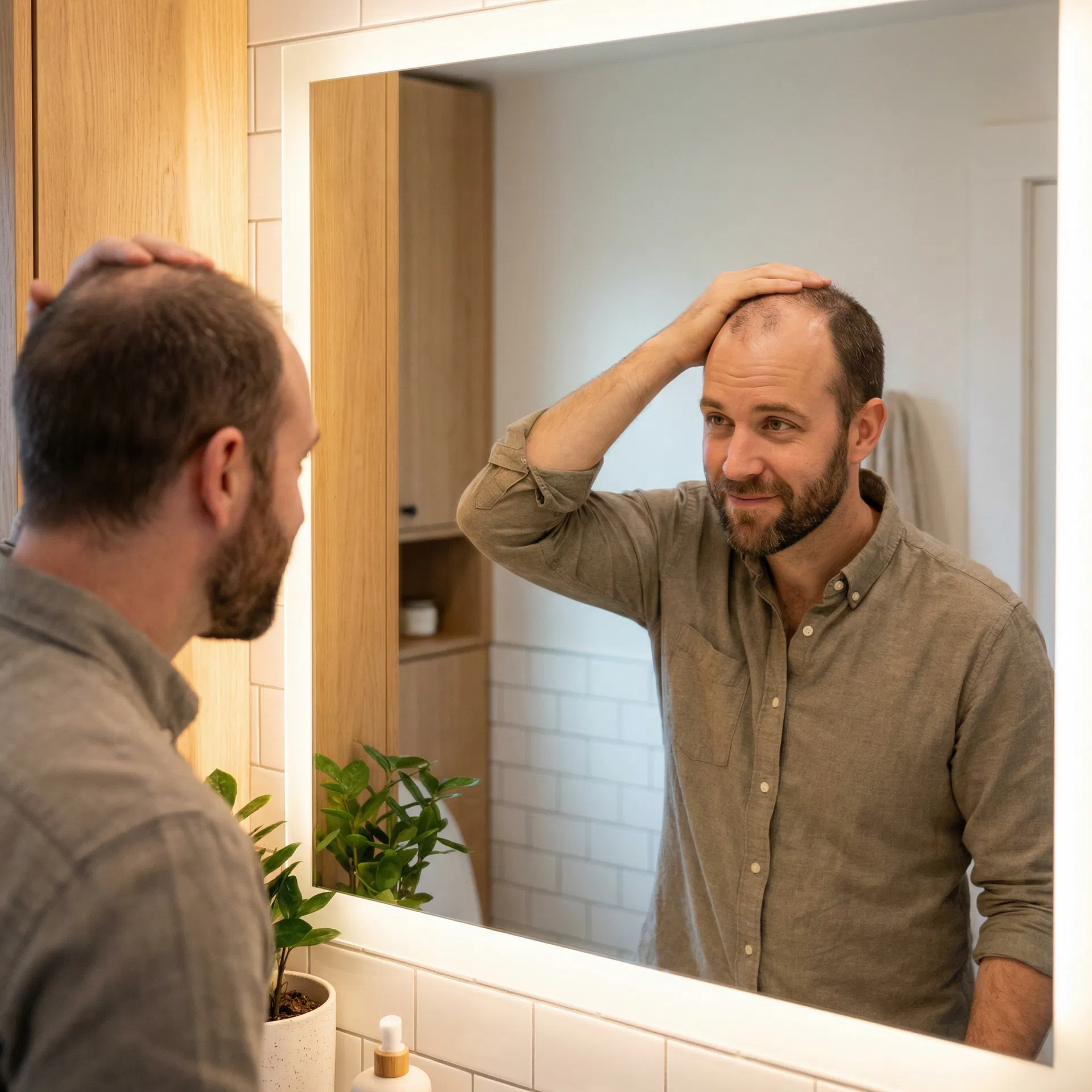 Man checking his hair in the mirror during recovery