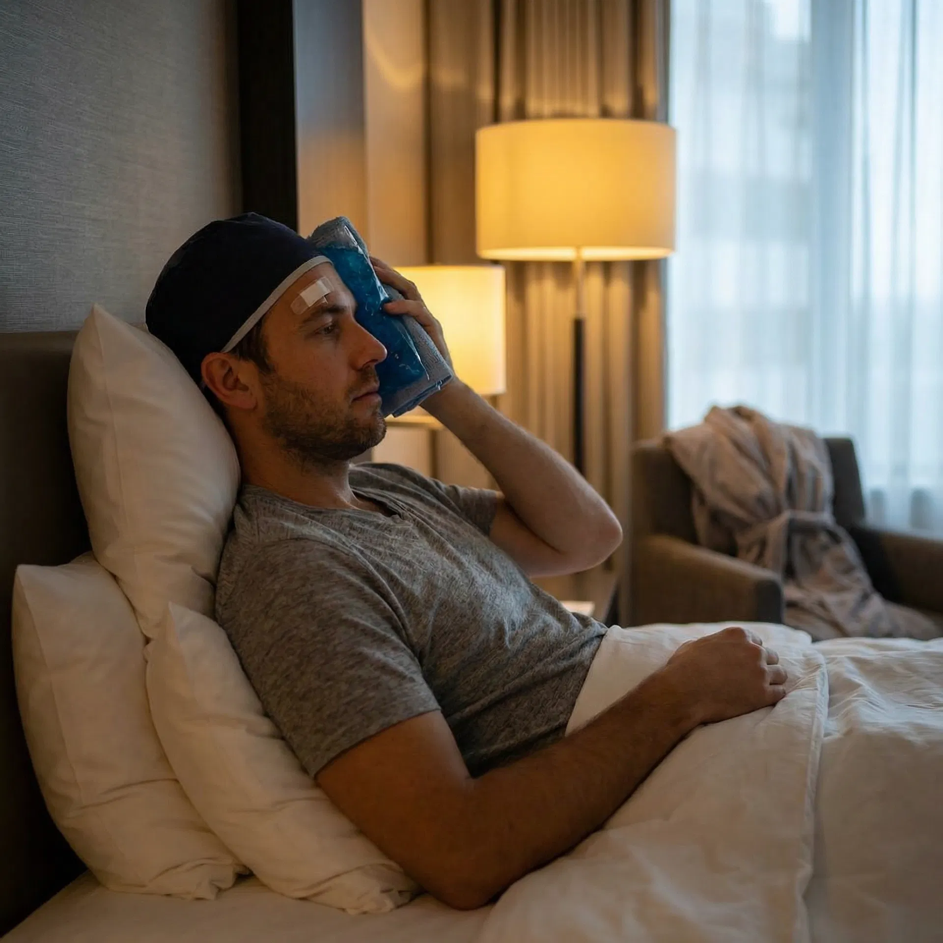 Patient resting with elevated head and ice pack after hair transplant