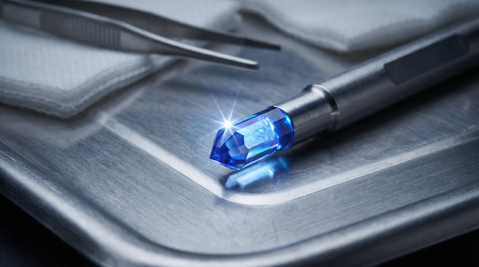 Sapphire blade used in FUE hair transplant showing crystal-clear precision tip