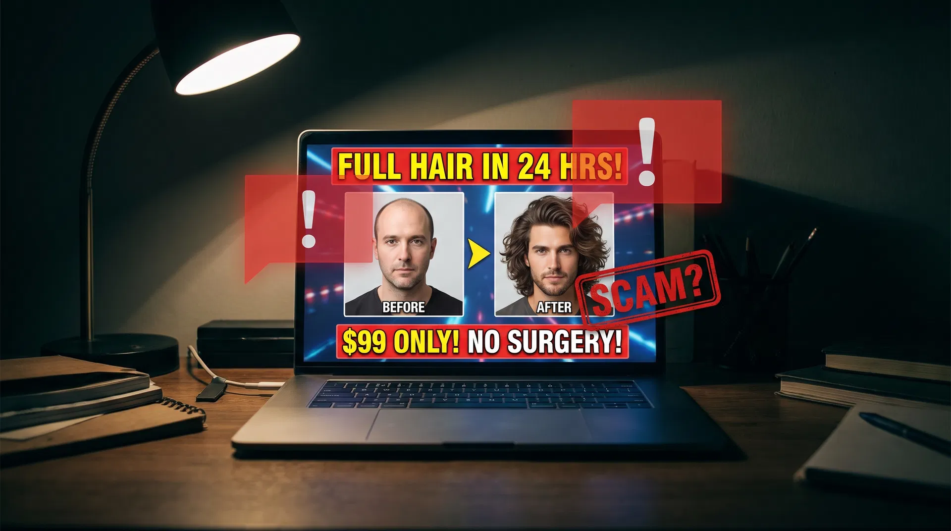 Laptop showing too-good-to-be-true hair transplant advertisement with red warning flags