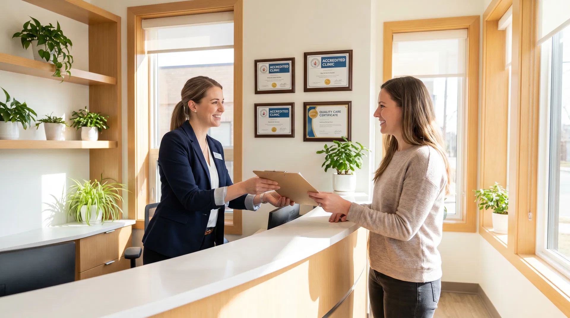 Trustworthy clinic reception with accreditation certificates and professional staff