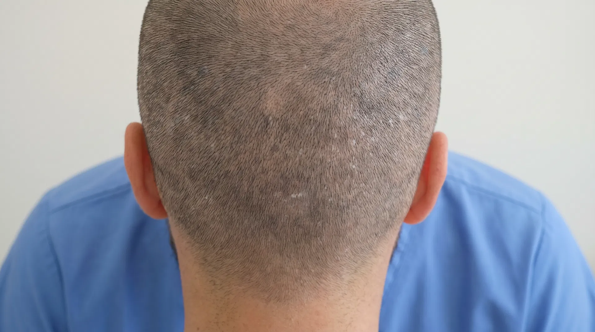 Virtually invisible FUE extraction points on buzz-cut head