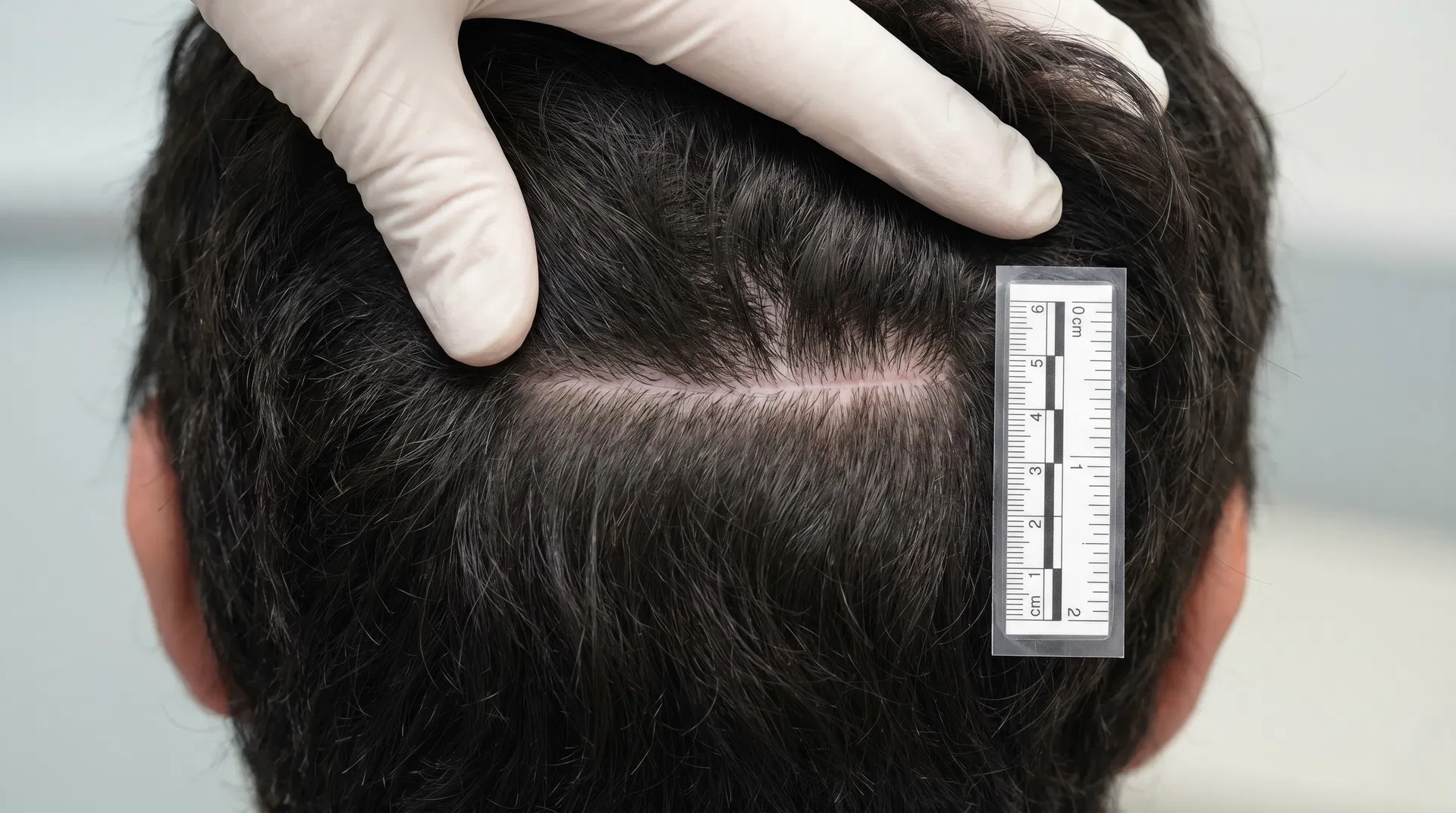 Healed linear FUT scar on back of head concealed by surrounding hair