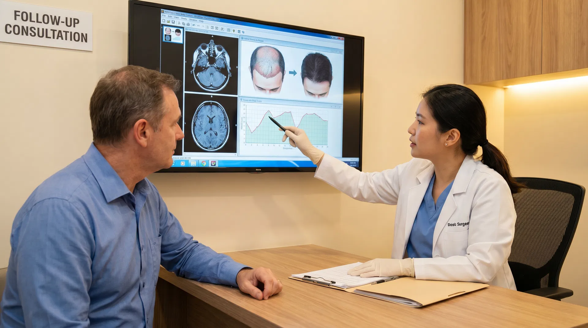 Patient and surgeon reviewing first transplant results on monitor