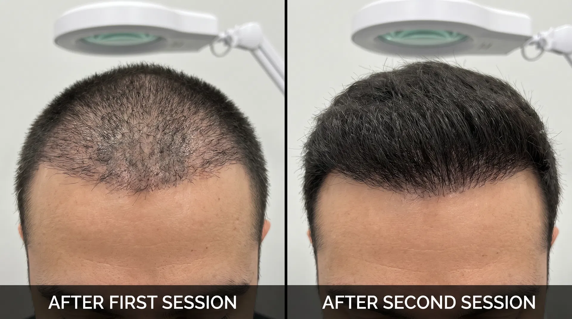 Before and after comparison showing improved density from second transplant session
