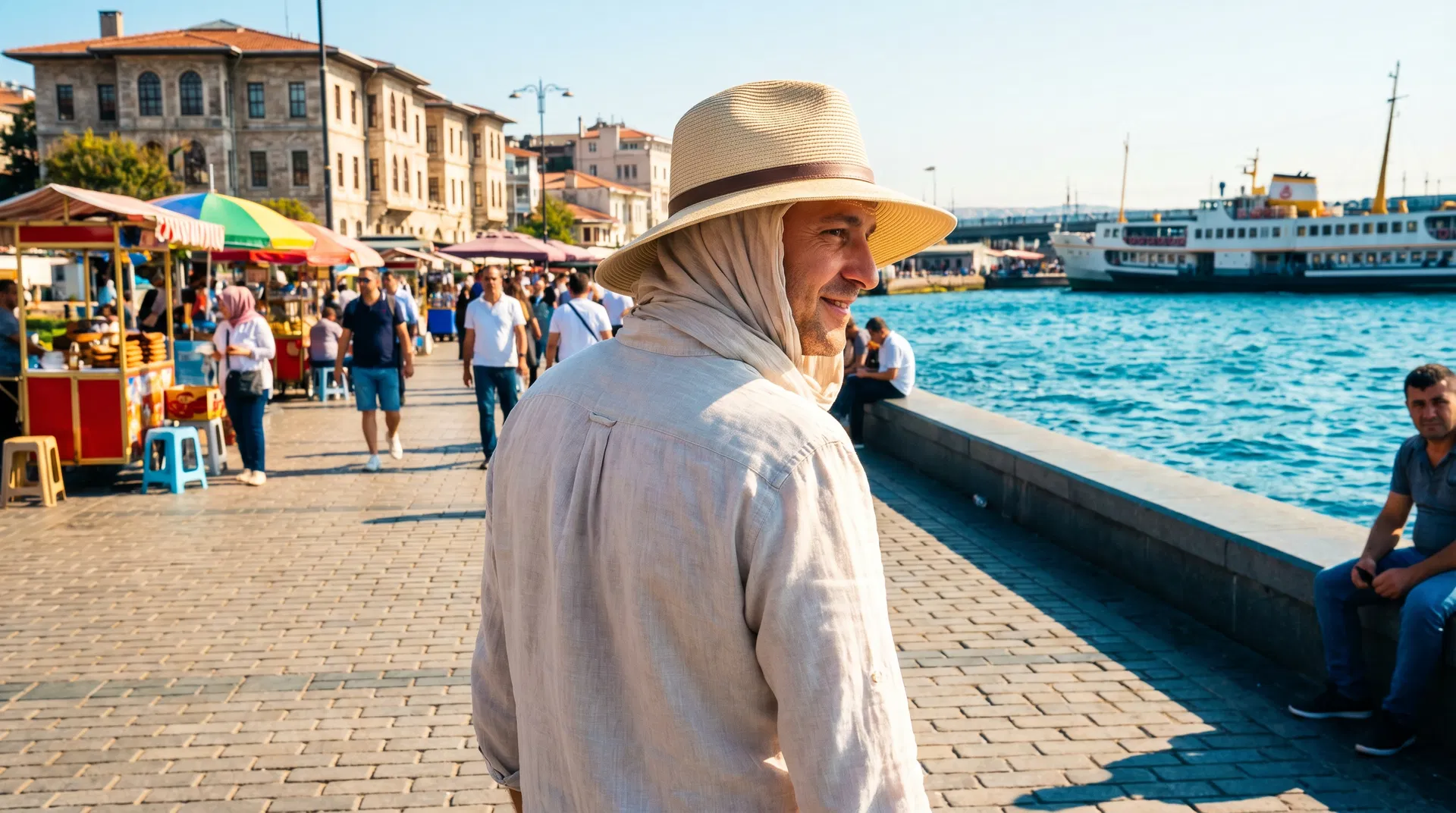 Man wearing sun hat walking along Bosphorus waterfront in summer