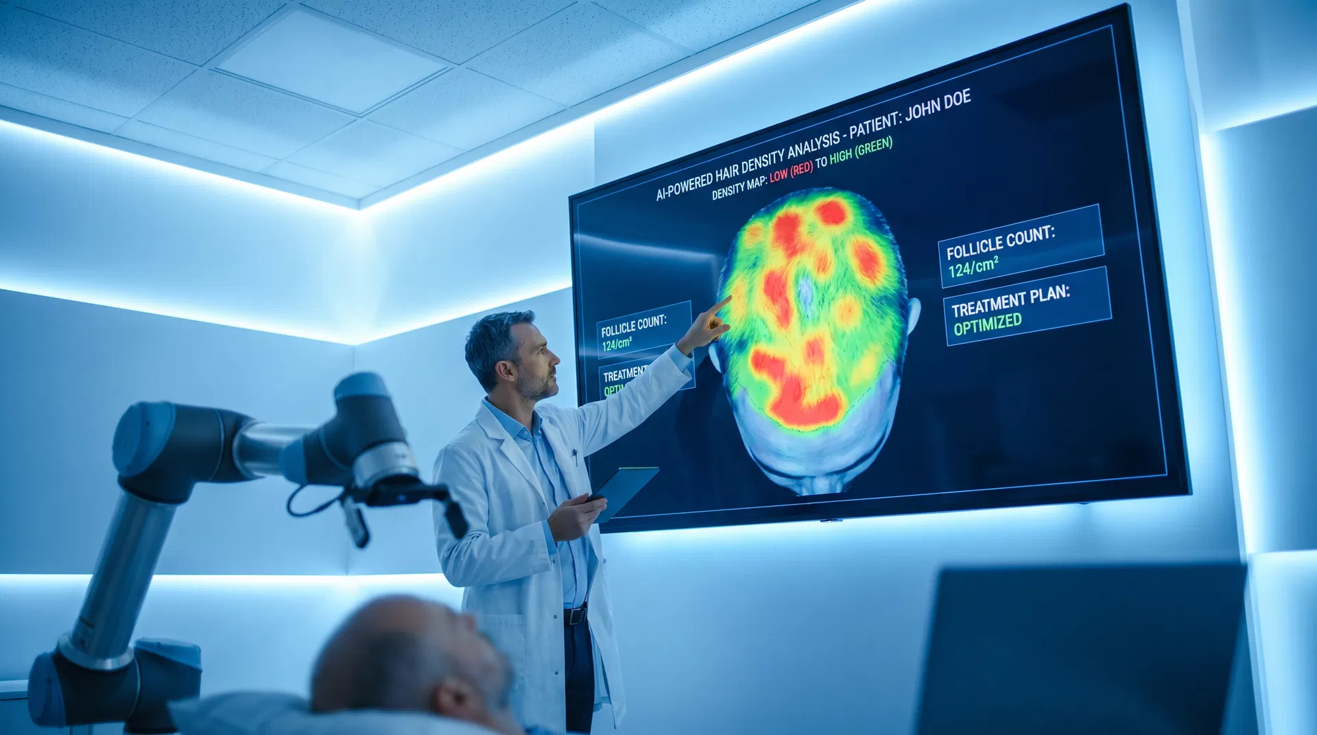 AI-powered hair density analysis with color-coded heat maps on large screen