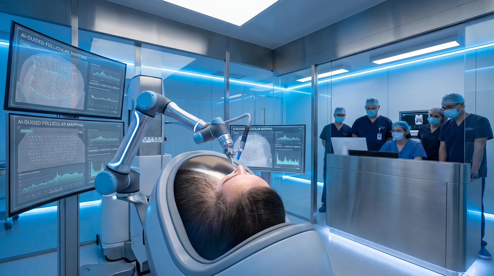 Futuristic robotic hair transplant system with AI-guided follicular mapping