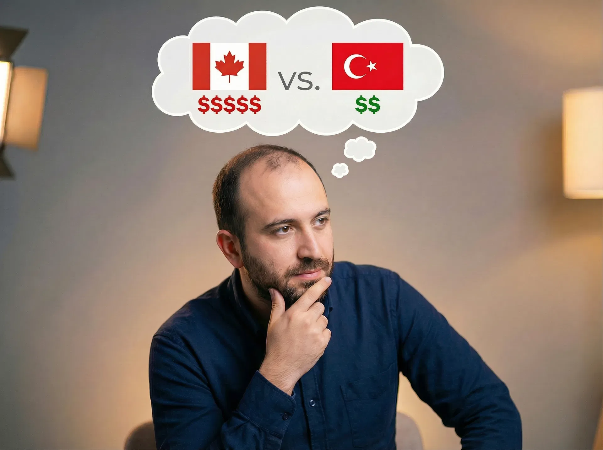 Man with receding hairline thinking about Canada ($$$$) vs Turkey ($$) for hair transplant