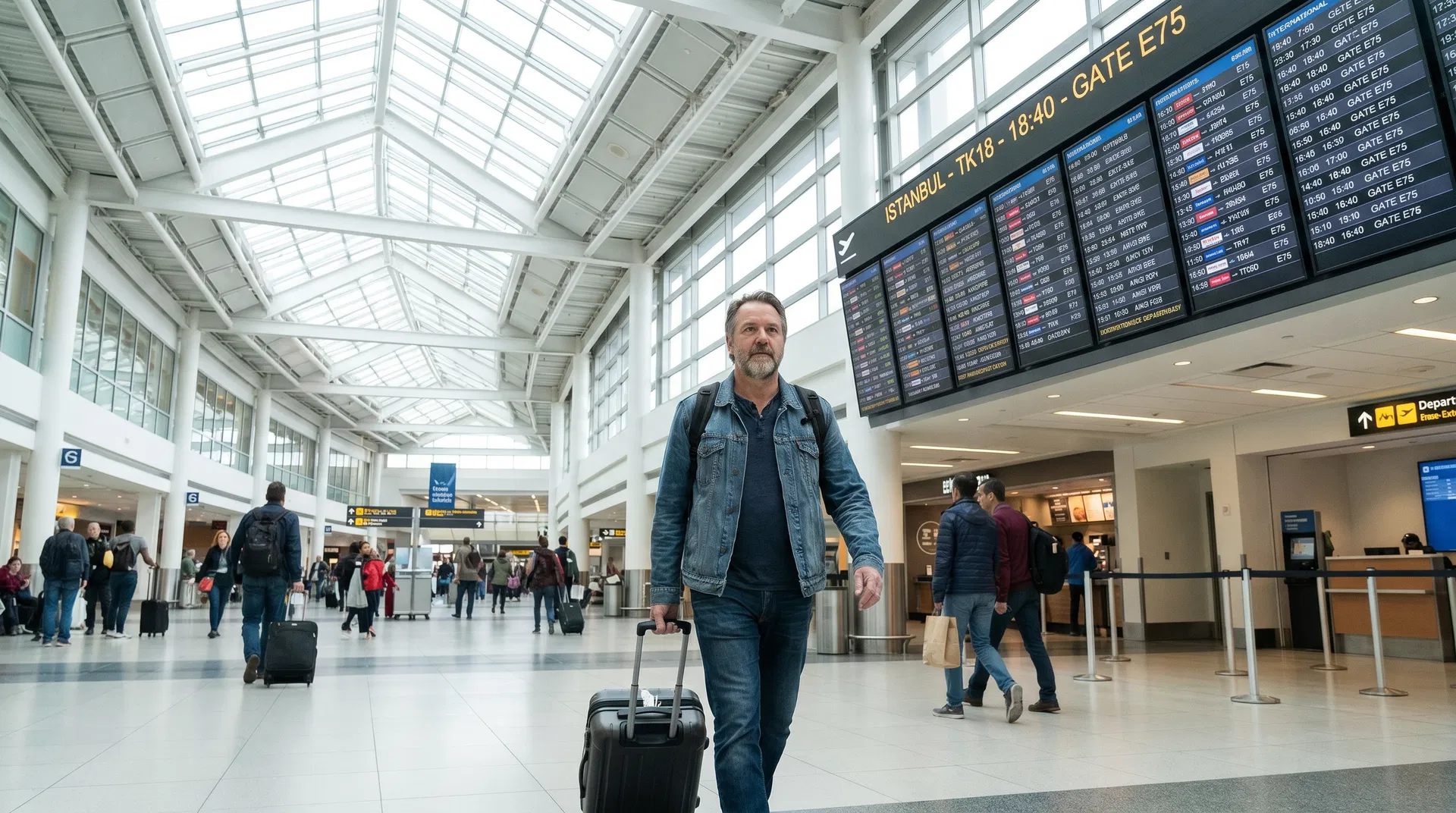 Canadian man walking through Toronto Pearson Airport departures terminal
