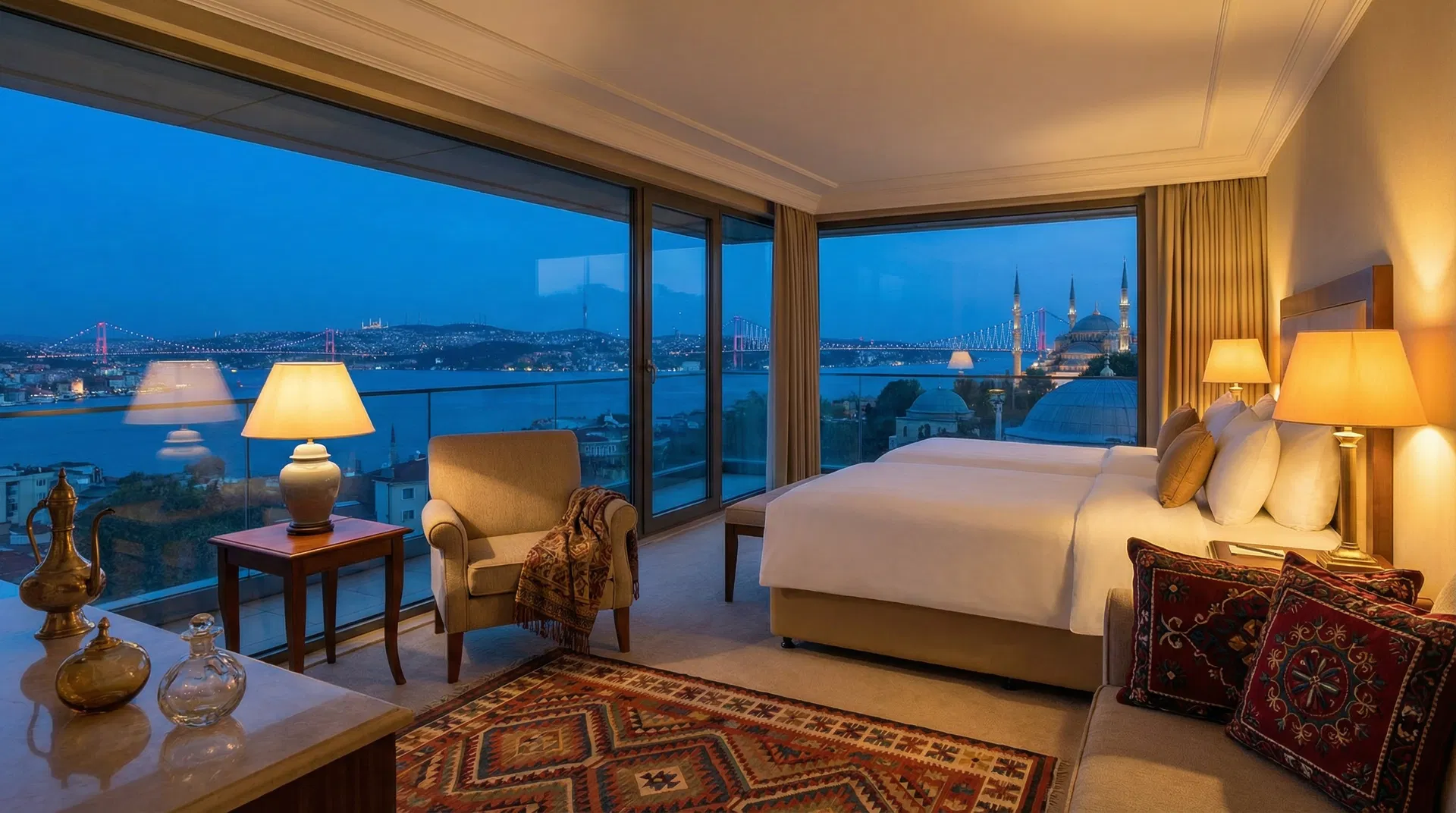 Luxury hotel room in Istanbul with Bosphorus view for hair transplant recovery