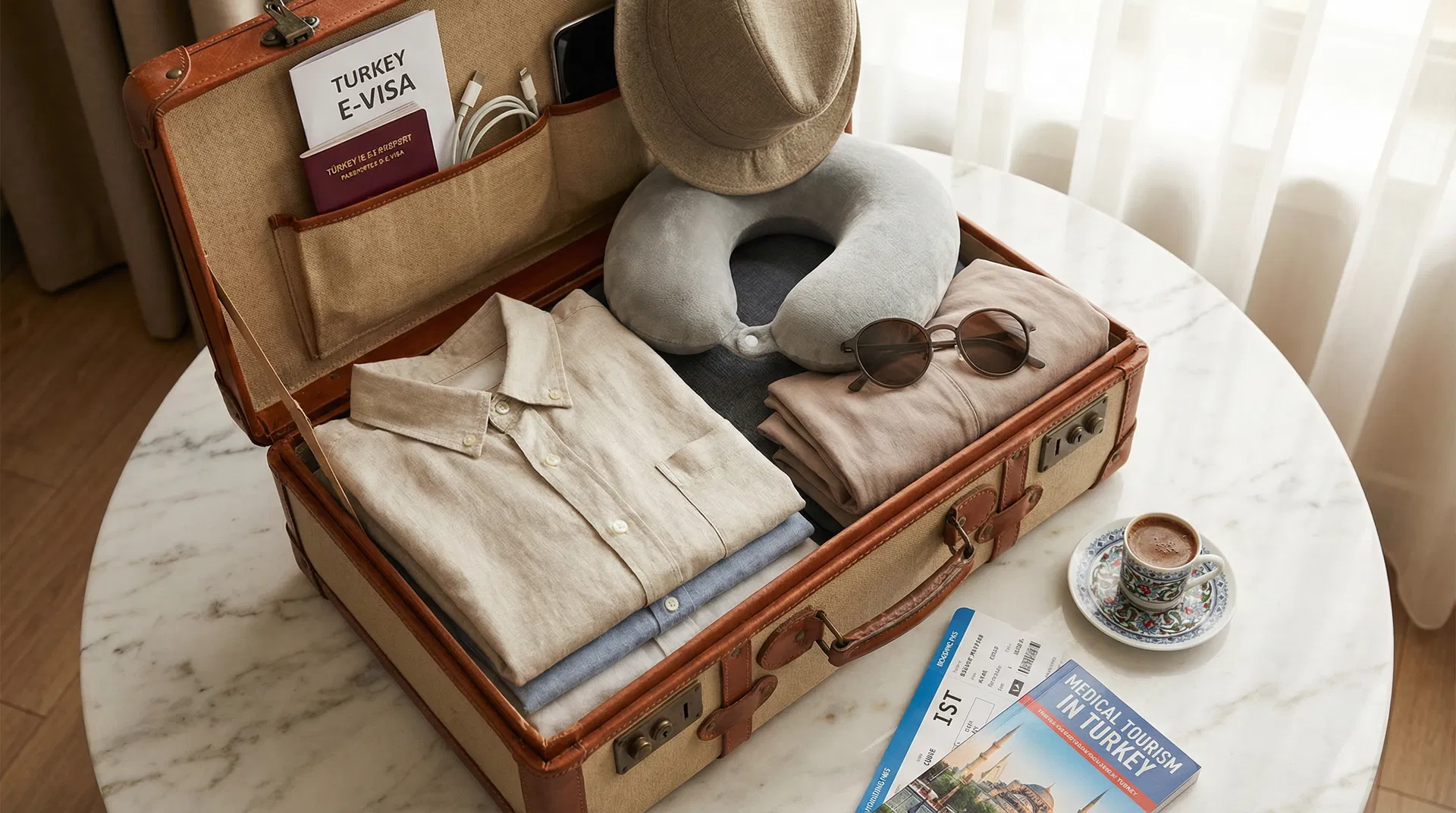 Packed suitcase with button-up shirts travel pillow and passport ready for hair transplant trip to Turkey