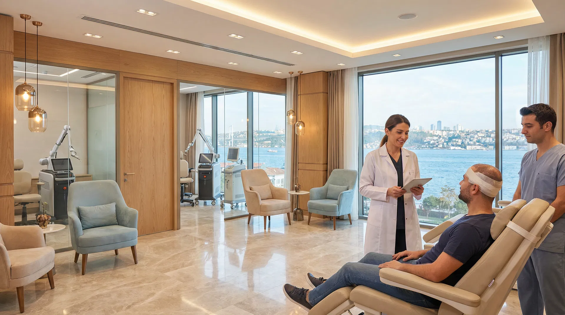 Modern hair transplant clinic in Istanbul with medical team consulting a Canadian patient