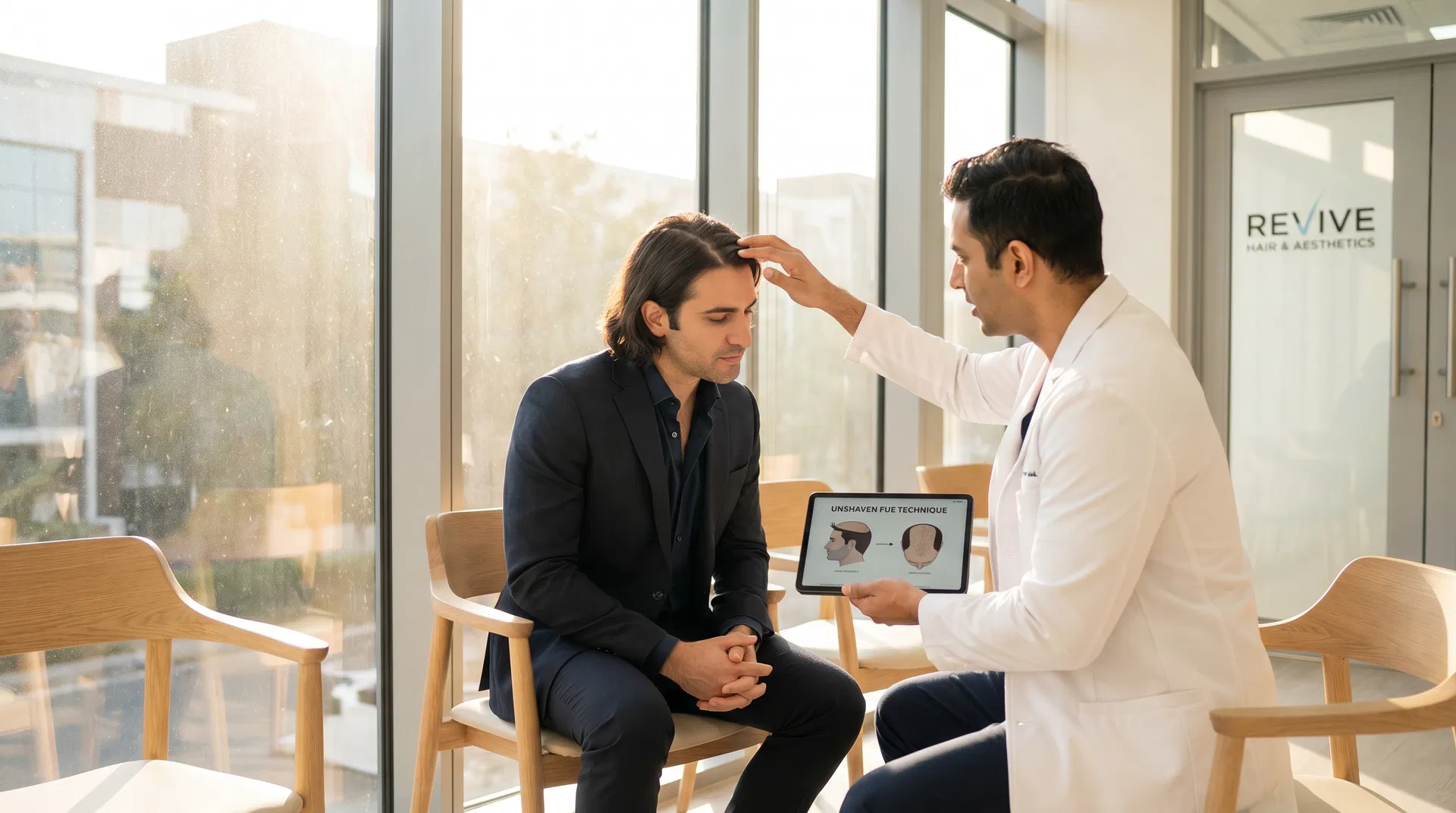 Patient consulting with doctor about unshaven hair transplant options