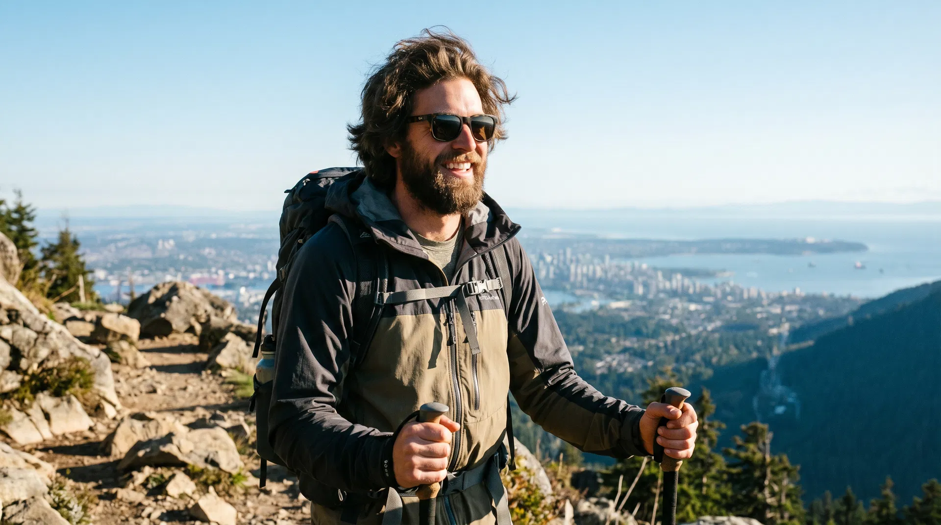 Confident man hiking Vancouver mountains with city visible below