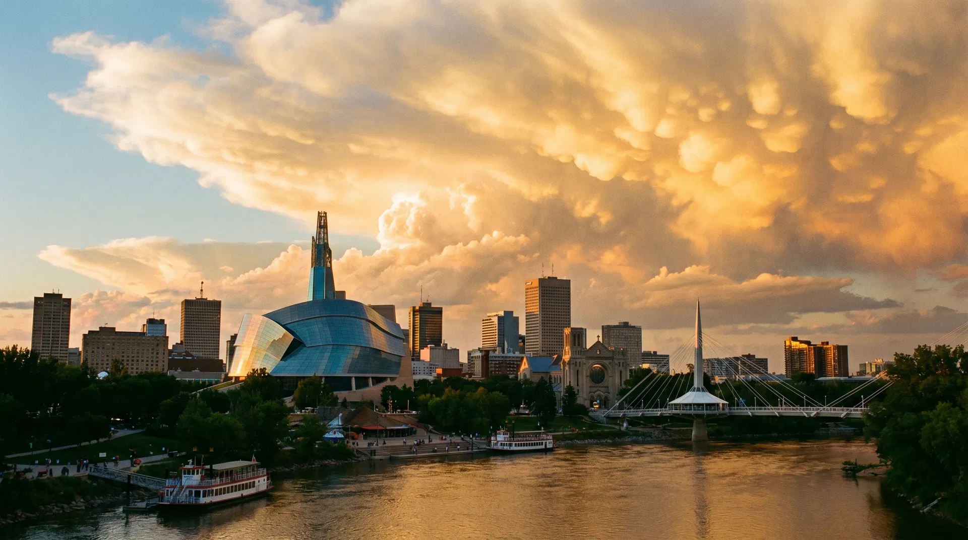 Winnipeg skyline from The Forks with Canadian Museum for Human Rights