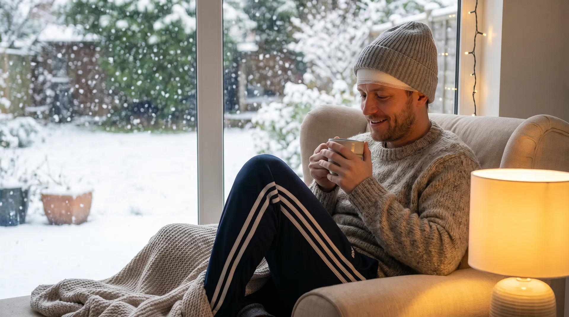 Man recovering from hair transplant in cozy winter setting by window