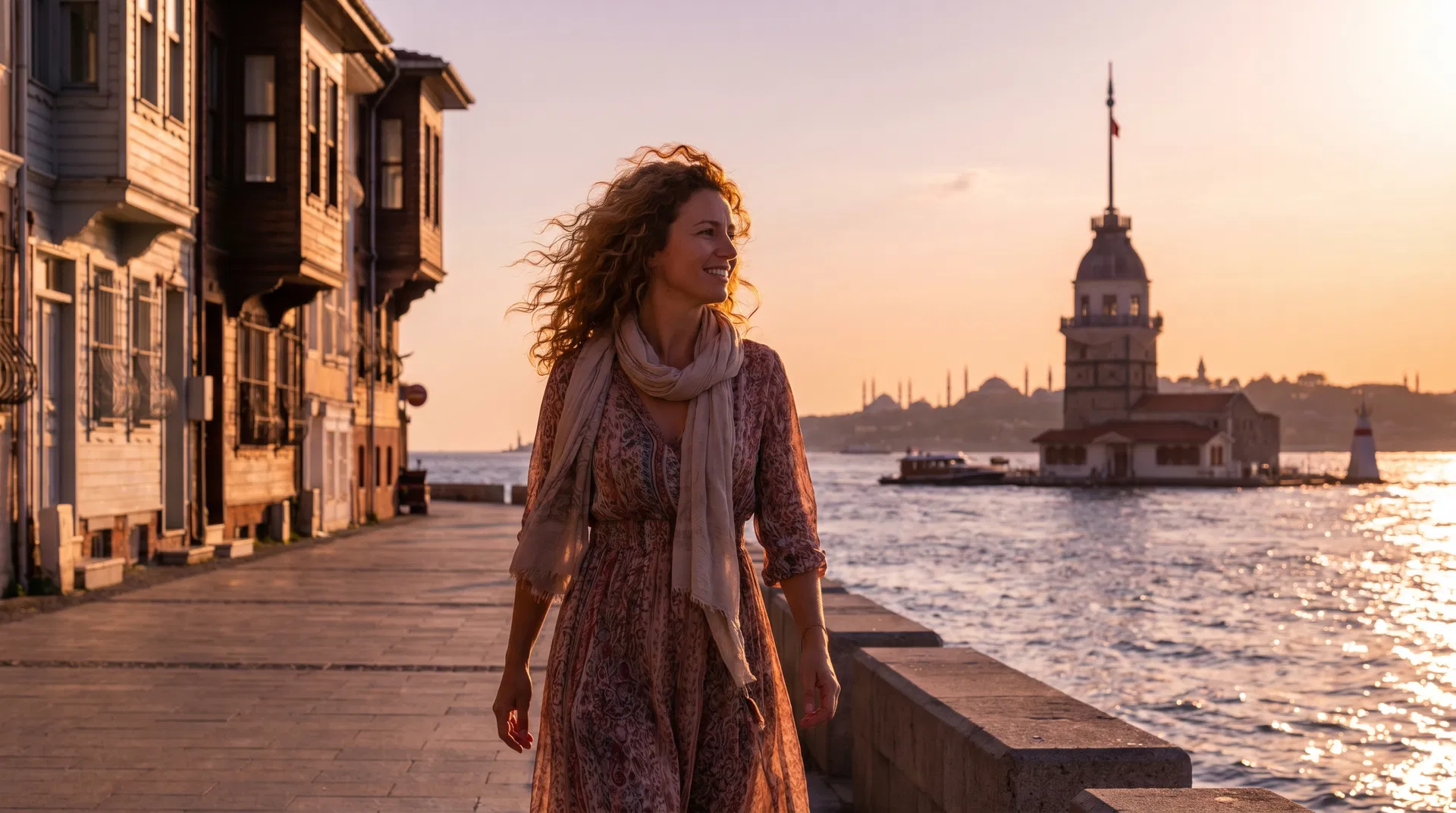 Radiant woman with thick voluminous hair walking along Istanbul waterfront