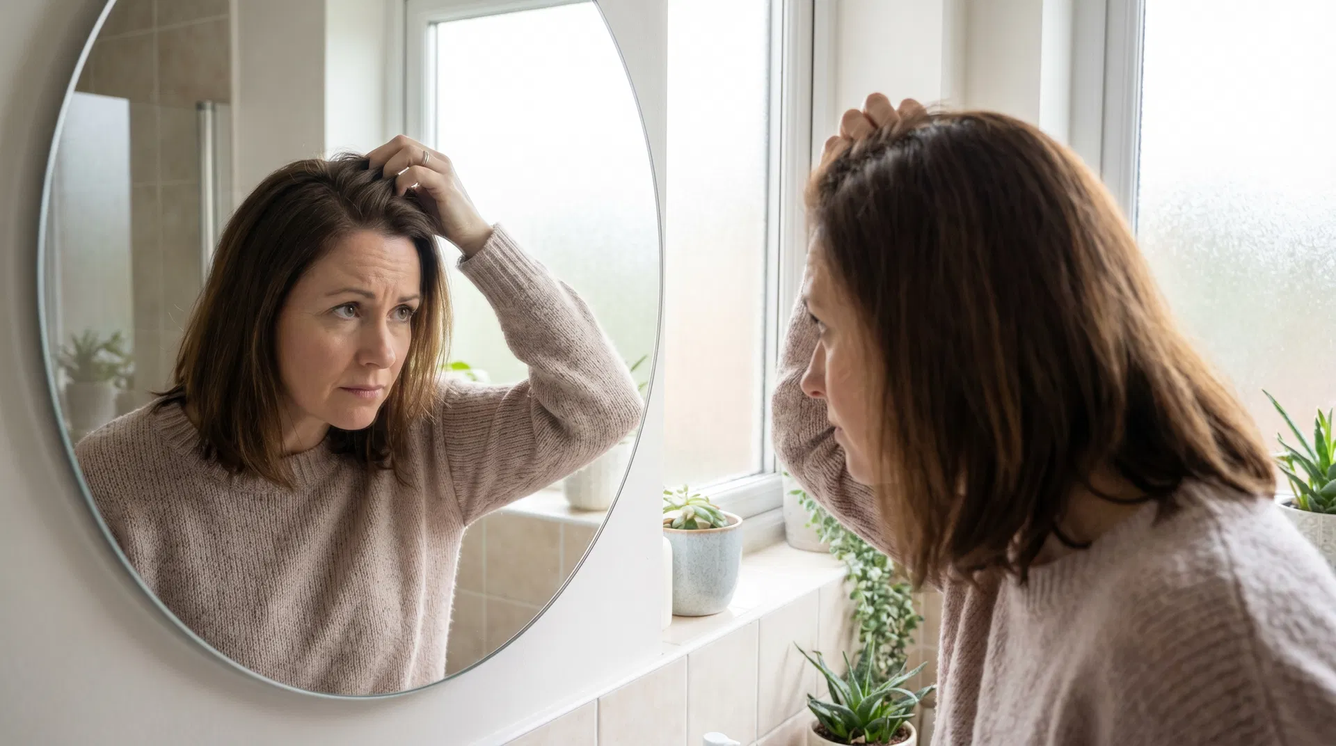 Woman examining thinning hair at crown in bathroom mirror