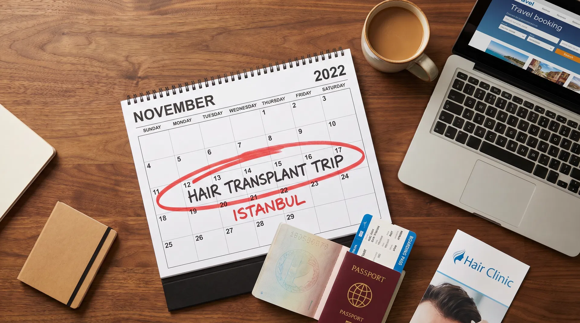 Desk calendar with two weeks circled for hair transplant trip planning